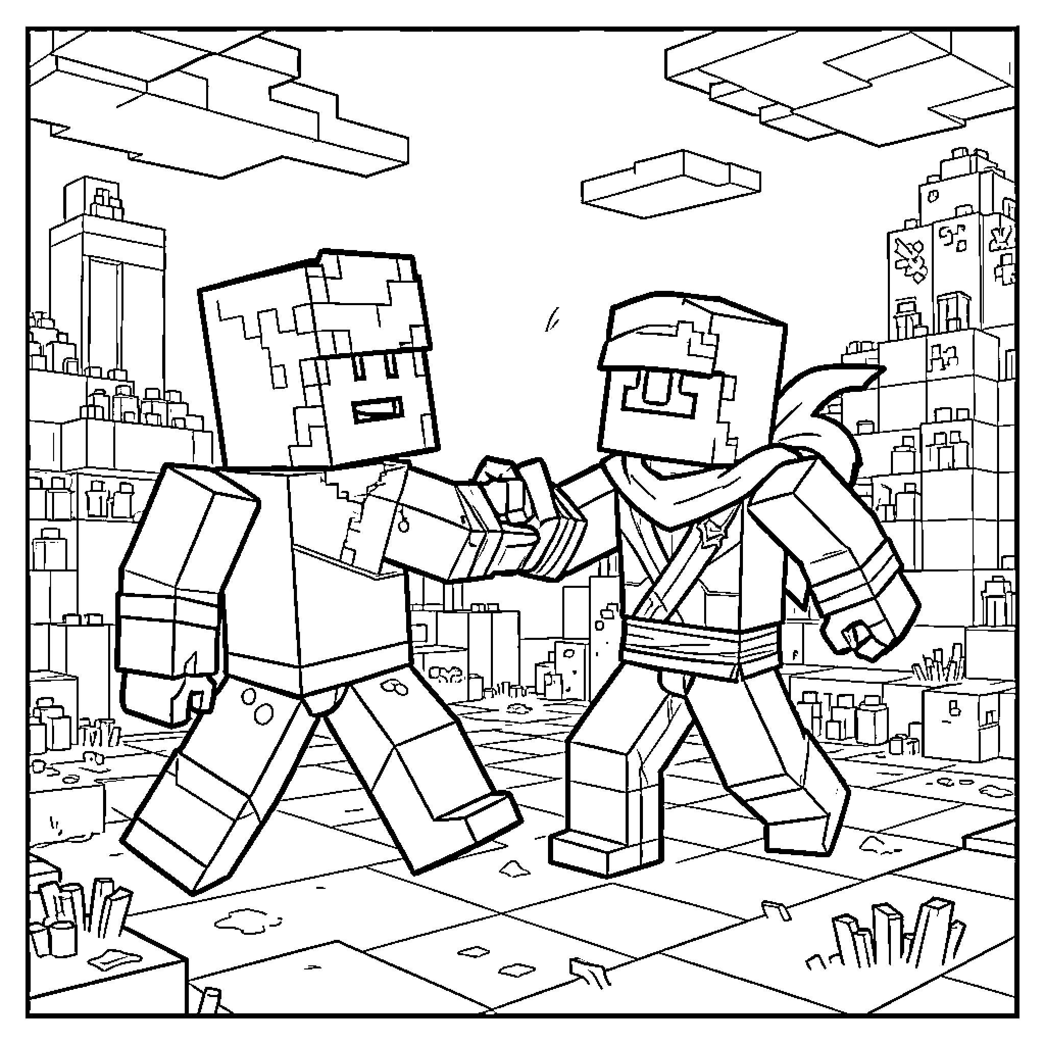Minecraft characters shaking hands in a blocky world Coloring Page (free black-and-white line drawing printable PDF for all, from beginners to advanced learners, including children, teens, adults, and seniors)