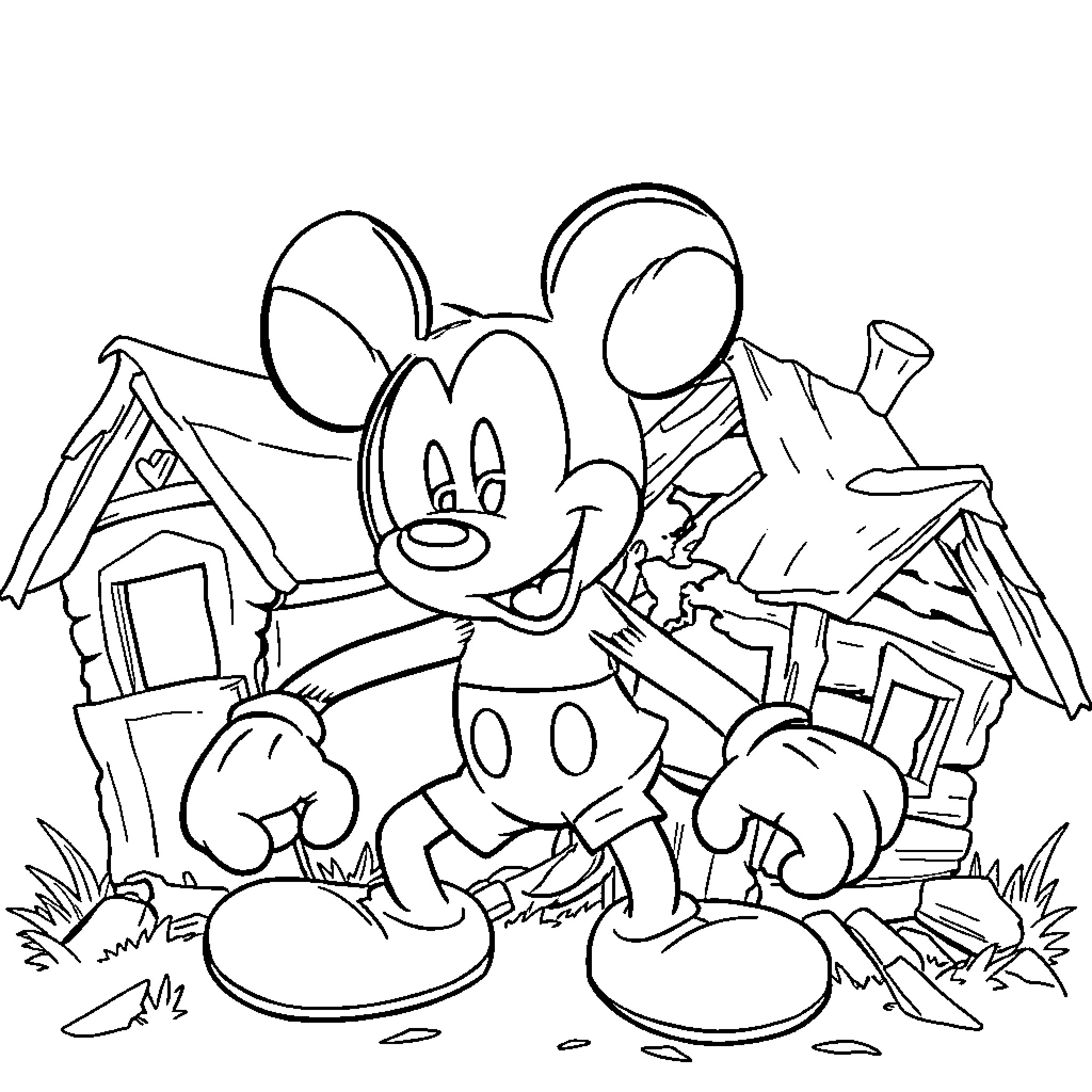 Mickey exploring the town with toys Coloring Page (free black-and-white line drawing printable PDF for all, from beginners to advanced learners, including children, teens, adults, and seniors)