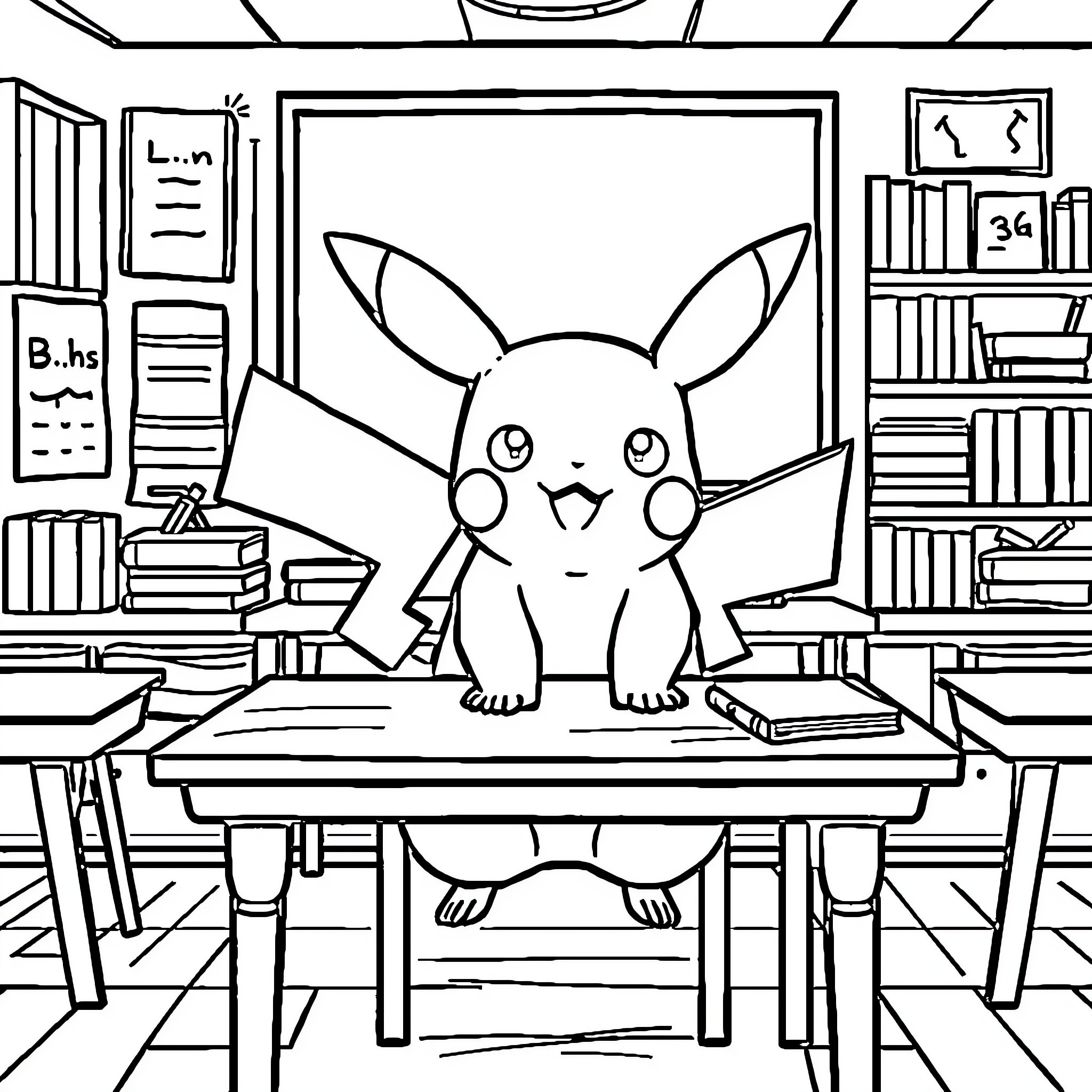 Pikachu studying diligently in classroom Coloring Page (free black-and-white line drawing printable PDF for all, from beginners to advanced learners, including children, teens, adults, and seniors)