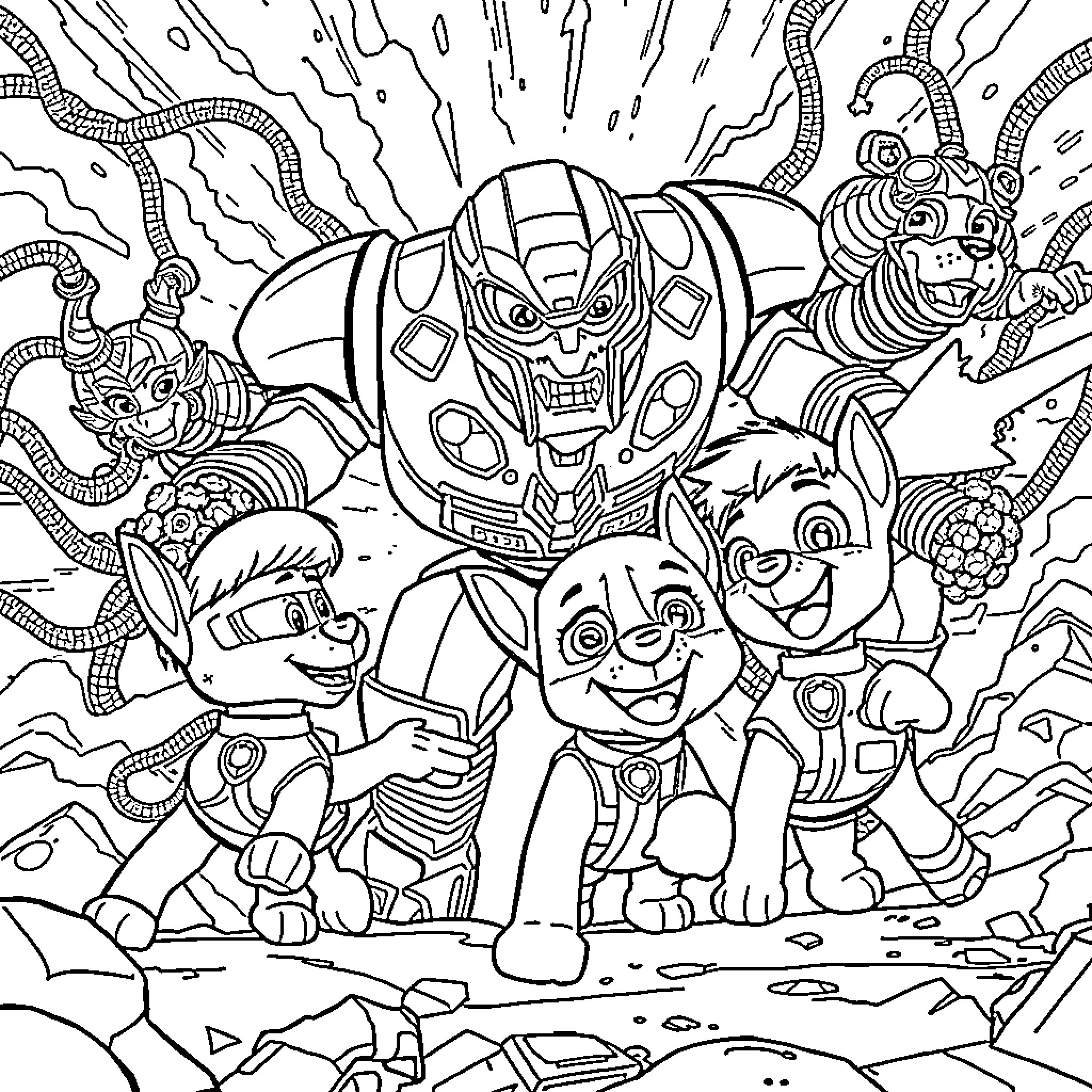 Paw Patrol Team in Epic Adventure Coloring Page (free black-and-white line drawing printable PDF for all, from beginners to advanced learners, including children, teens, adults, and seniors)