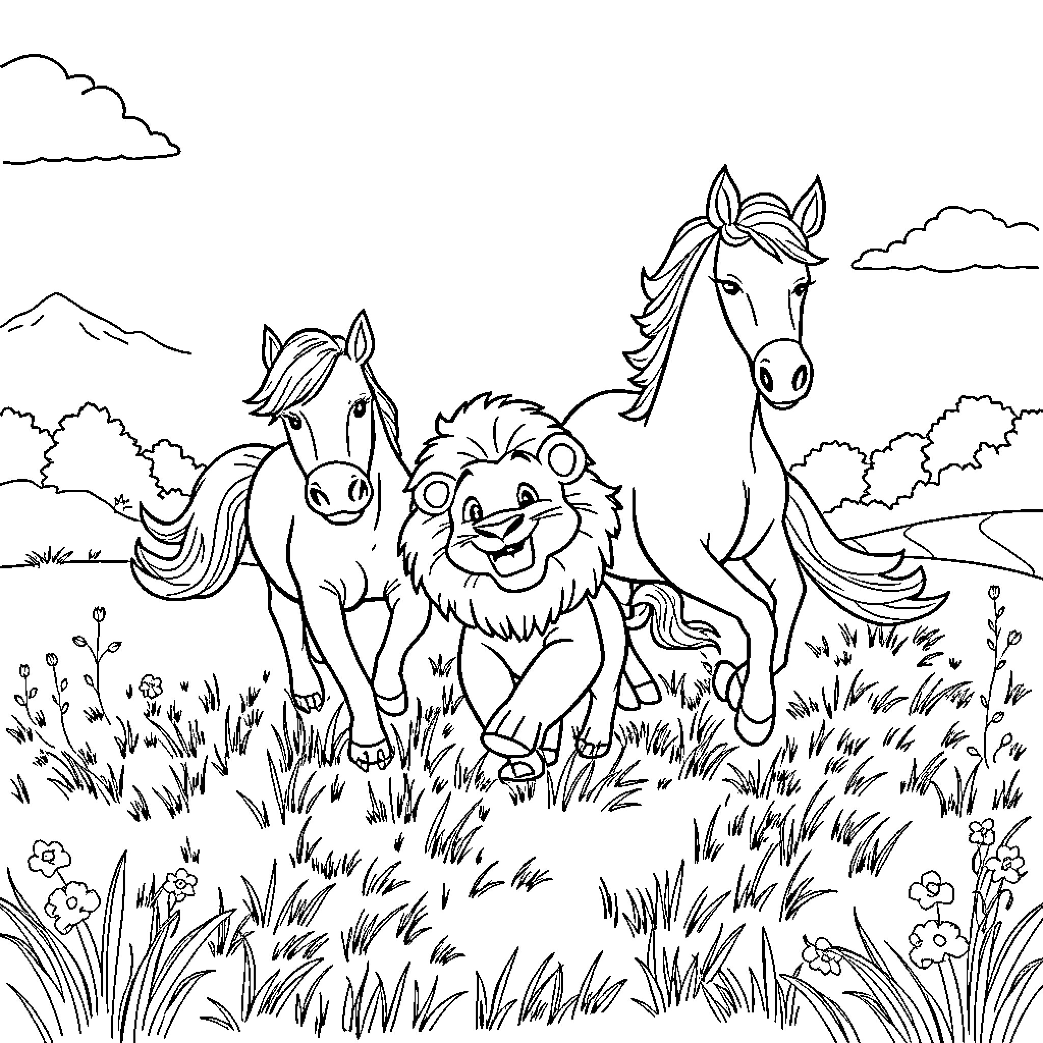 Nittany Lion and horses playing in a meadow Coloring Page (free black-and-white line drawing printable PDF for all, from beginners to advanced learners, including children, teens, adults, and seniors)