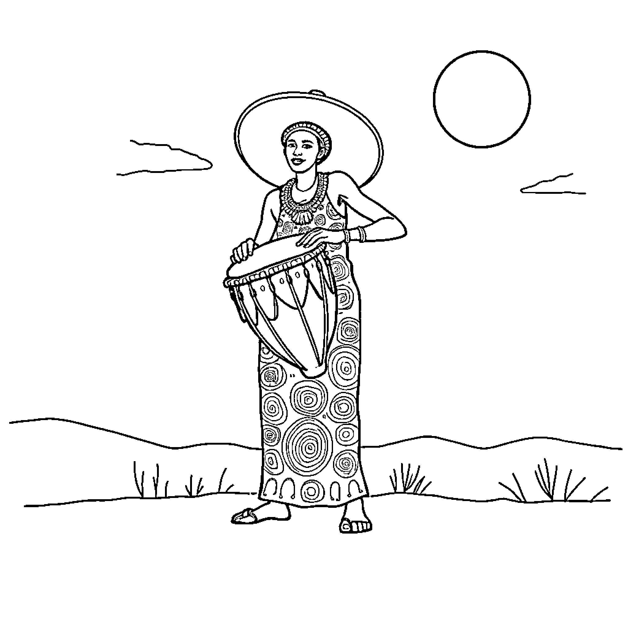 Bayefall - Tribal Dancer Performing in the Landscape Coloring Page (free black-and-white line drawing printable PDF for all, from beginners to advanced learners, including children, teens, adults, and seniors)