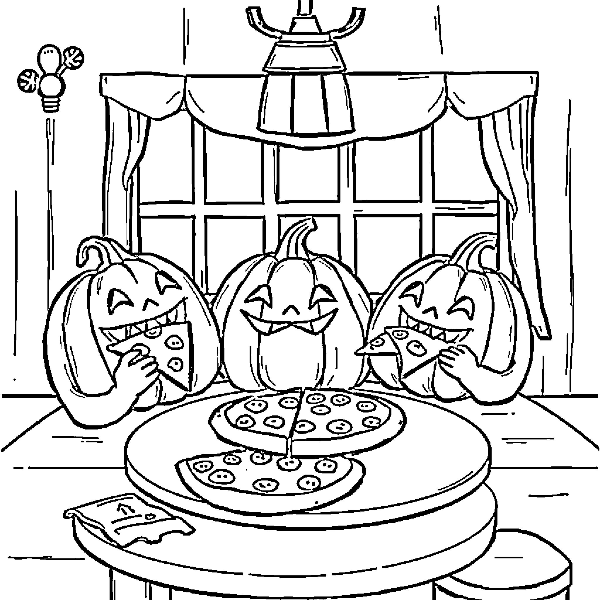 Pumpkins enjoying a spooky pizza party Coloring Page (free black-and-white line drawing printable PDF for all, from beginners to advanced learners, including children, teens, adults, and seniors)
