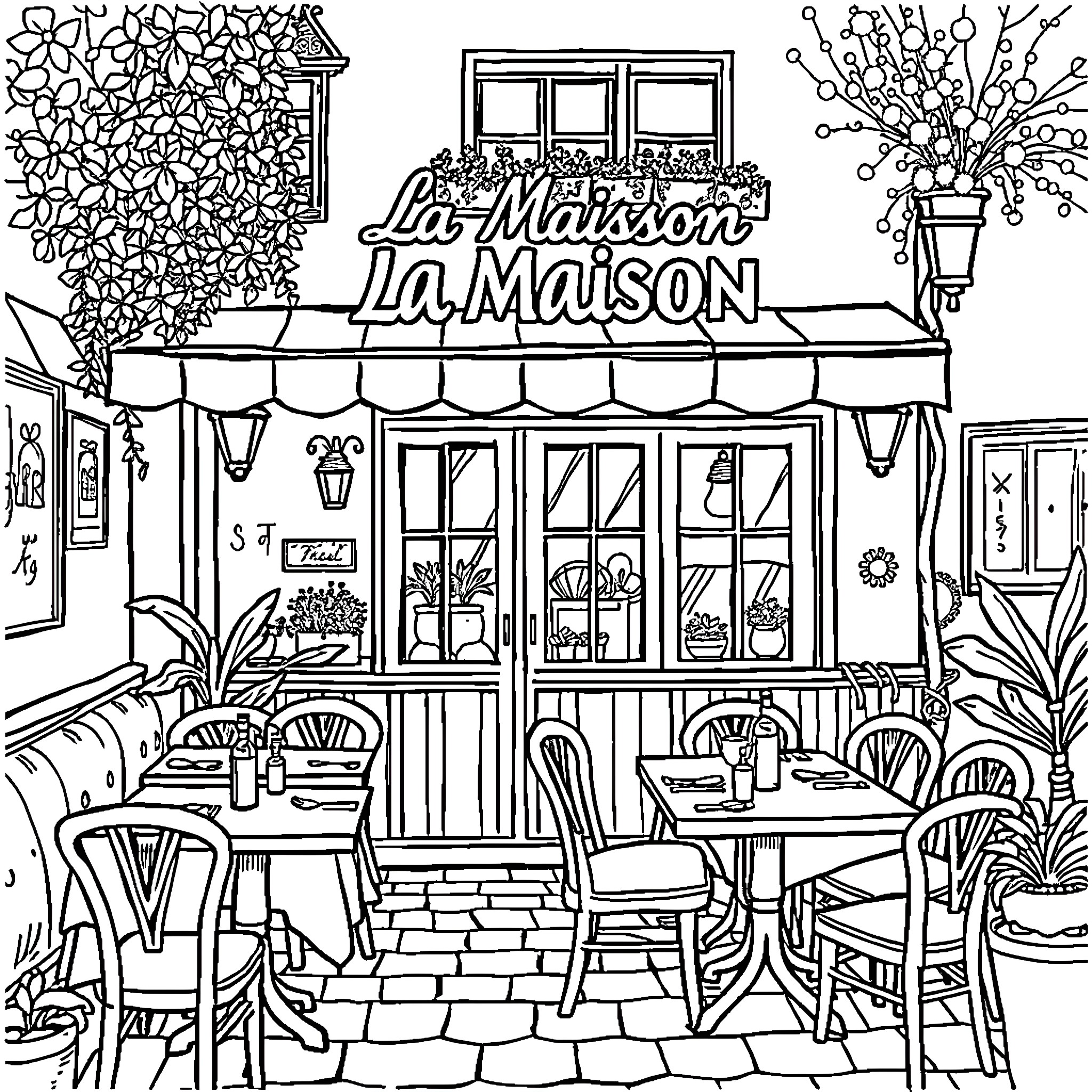 Restaurant with Outdoor Dining and Lively Decor Coloring Page (free black-and-white line drawing printable PDF for all, from beginners to advanced learners, including children, teens, adults, and seniors)