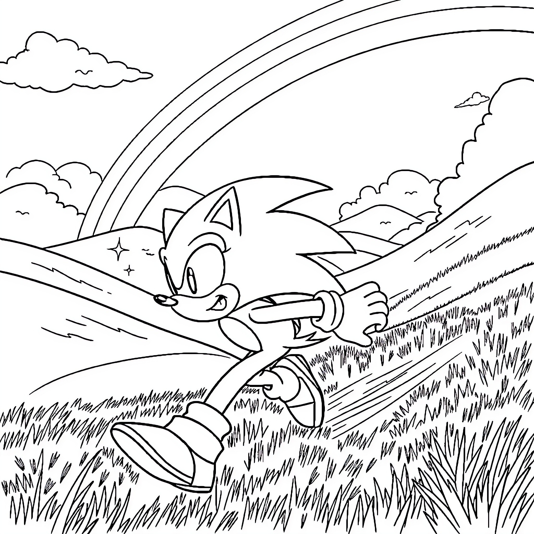 Sonic speeding through a grassy landscape Coloring Page (free black-and-white line drawing printable PDF for all, from beginners to advanced learners, including children, teens, adults, and seniors)