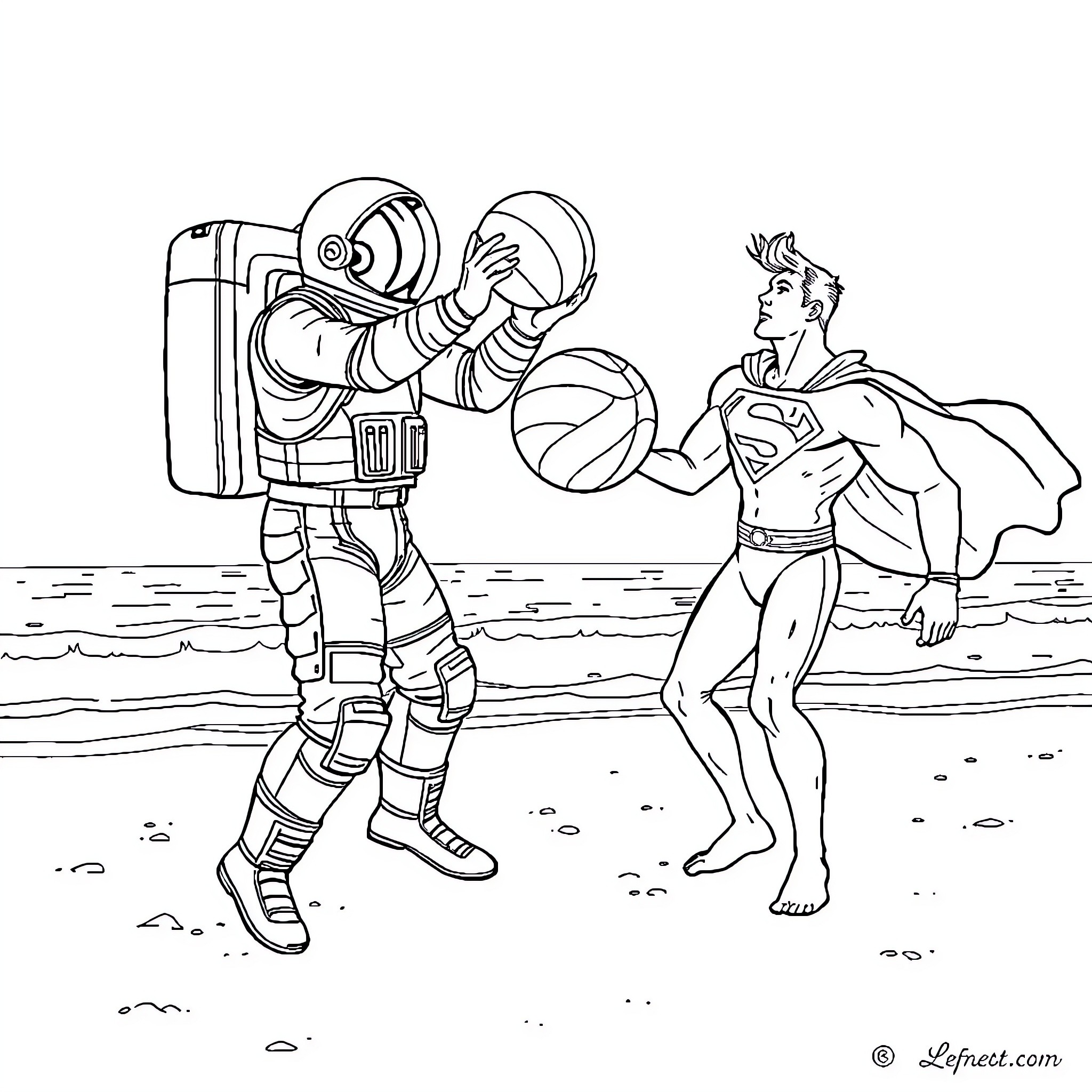 Astronaut and Superhero Engage in Friendly Interaction Coloring Page (free black-and-white line drawing printable PDF for all, from beginners to advanced learners, including children, teens, adults, and seniors)