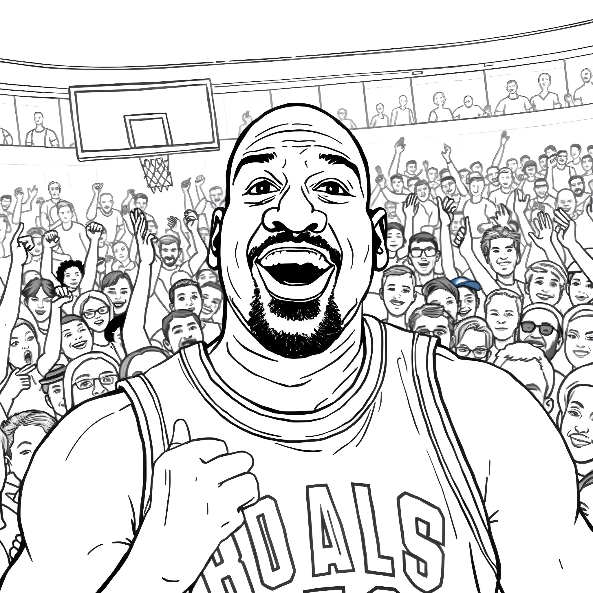 Shaq entertaining a crowd at a basketball event Coloring Page (free black-and-white line drawing printable PDF for all, from beginners to advanced learners, including children, teens, adults, and seniors)