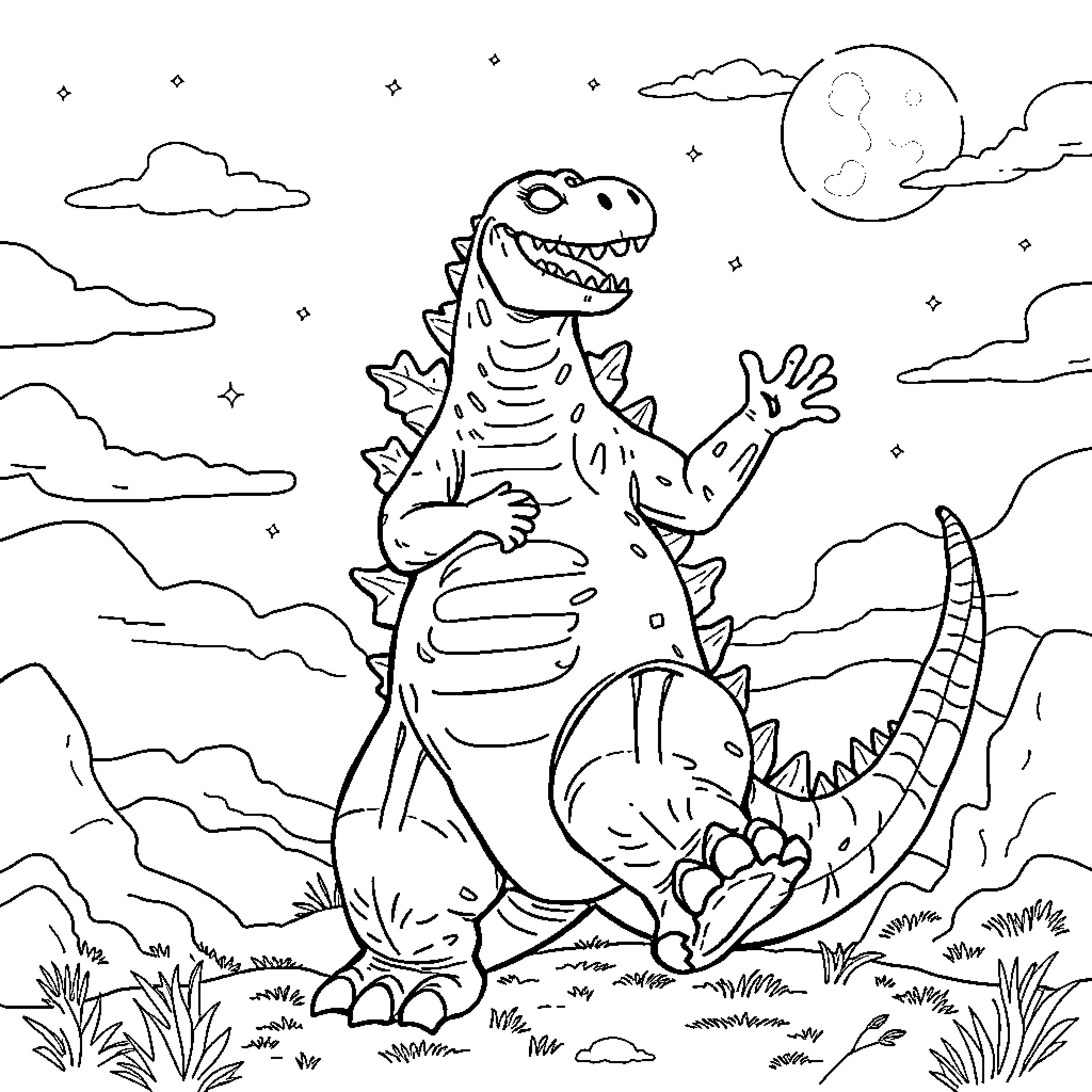 Godzilla roaring under the moonlit sky Coloring Page (free black-and-white line drawing printable PDF for all, from beginners to advanced learners, including children, teens, adults, and seniors)