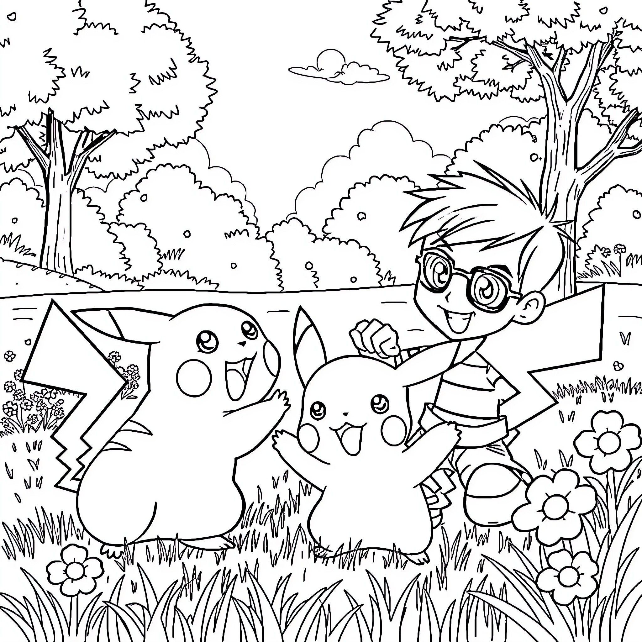 Ben 10 exploring the forest with Pikachu Coloring Page (free black-and-white line drawing printable PDF for all, from beginners to advanced learners, including children, teens, adults, and seniors)