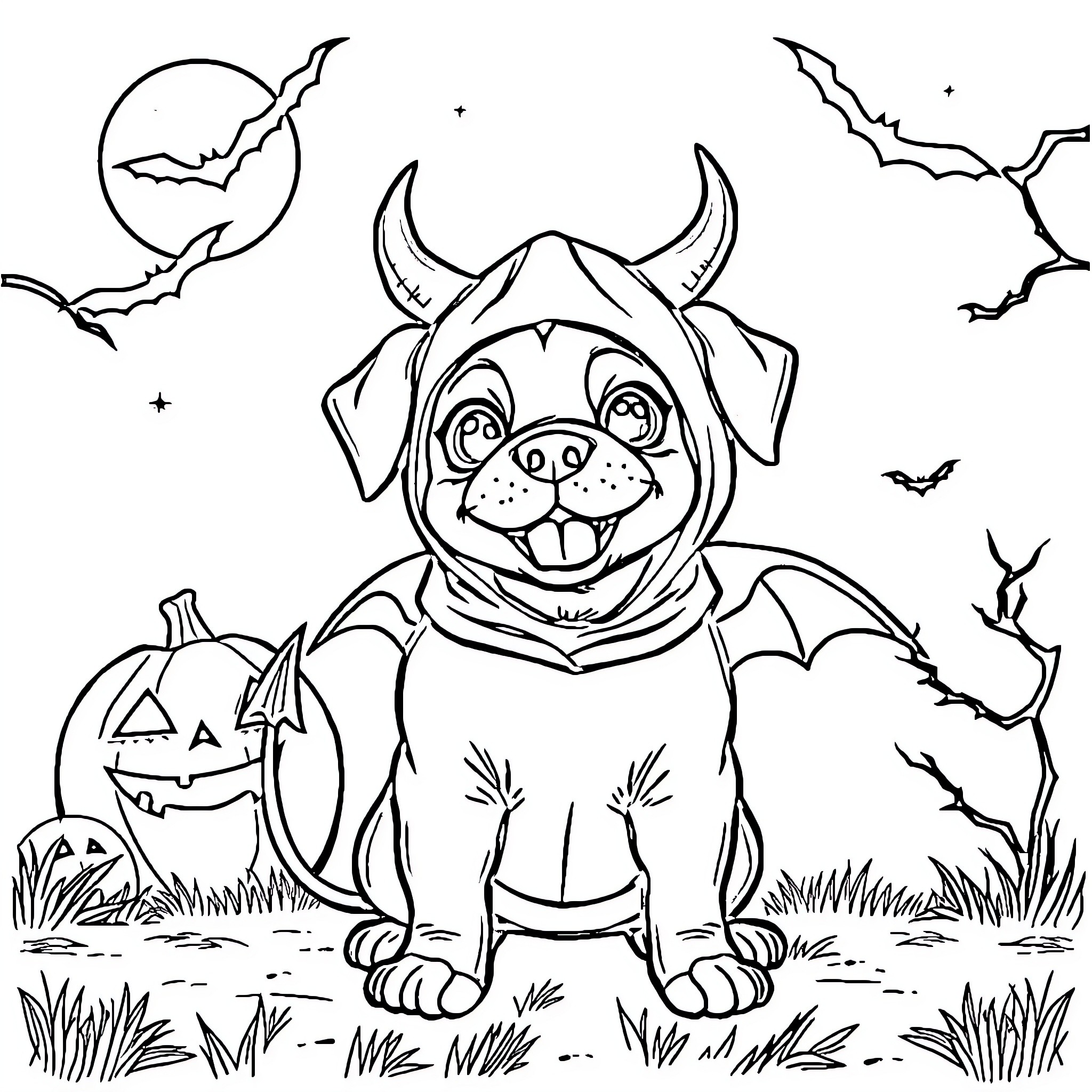 Dog dressed as a bat with pumpkin in Halloween scene Coloring Page (free black-and-white line drawing printable PDF for all, from beginners to advanced learners, including children, teens, adults, and seniors)