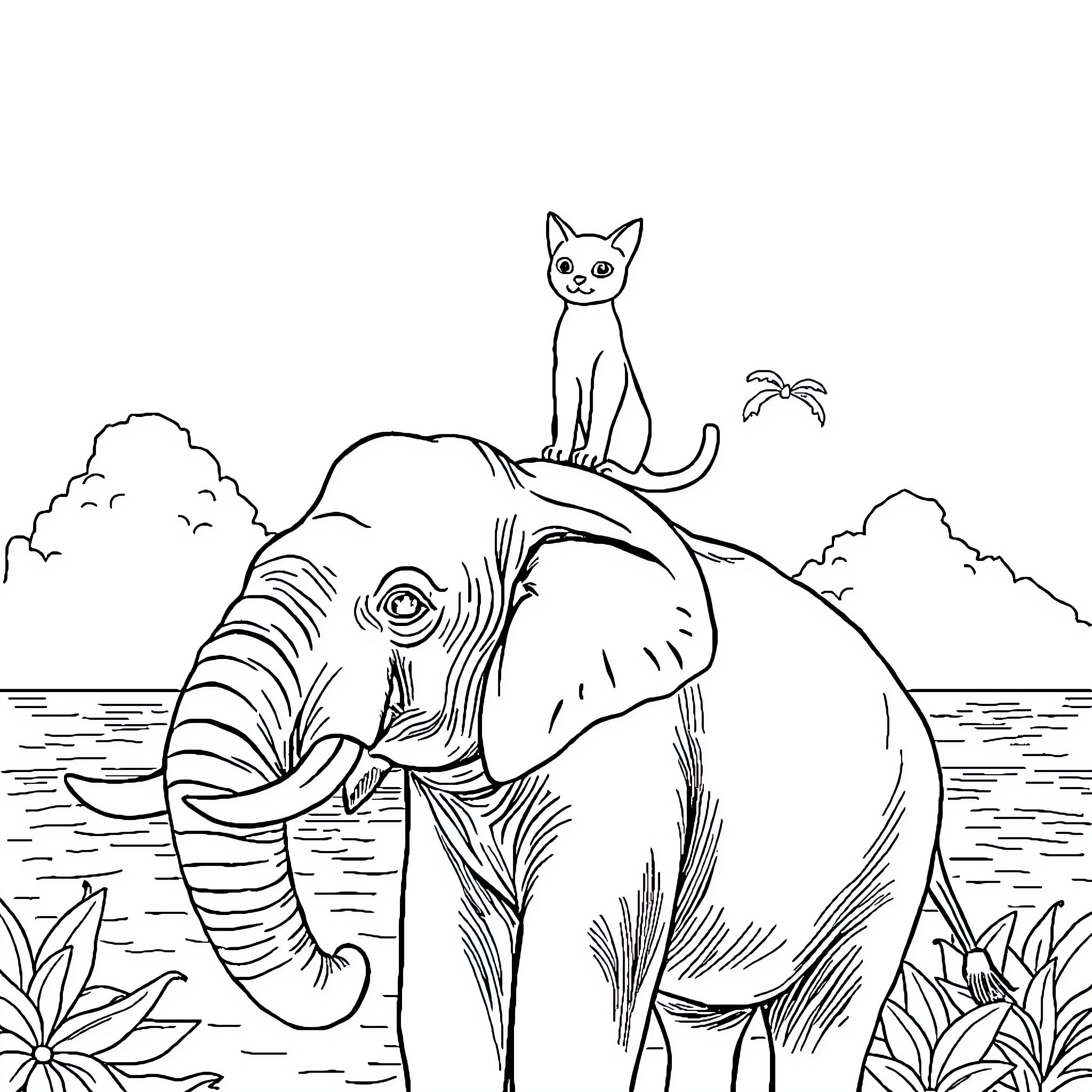 Cat Perched on Elephant in Tropical Landscape Coloring Page (free black-and-white line drawing printable PDF for all, from beginners to advanced learners, including children, teens, adults, and seniors)