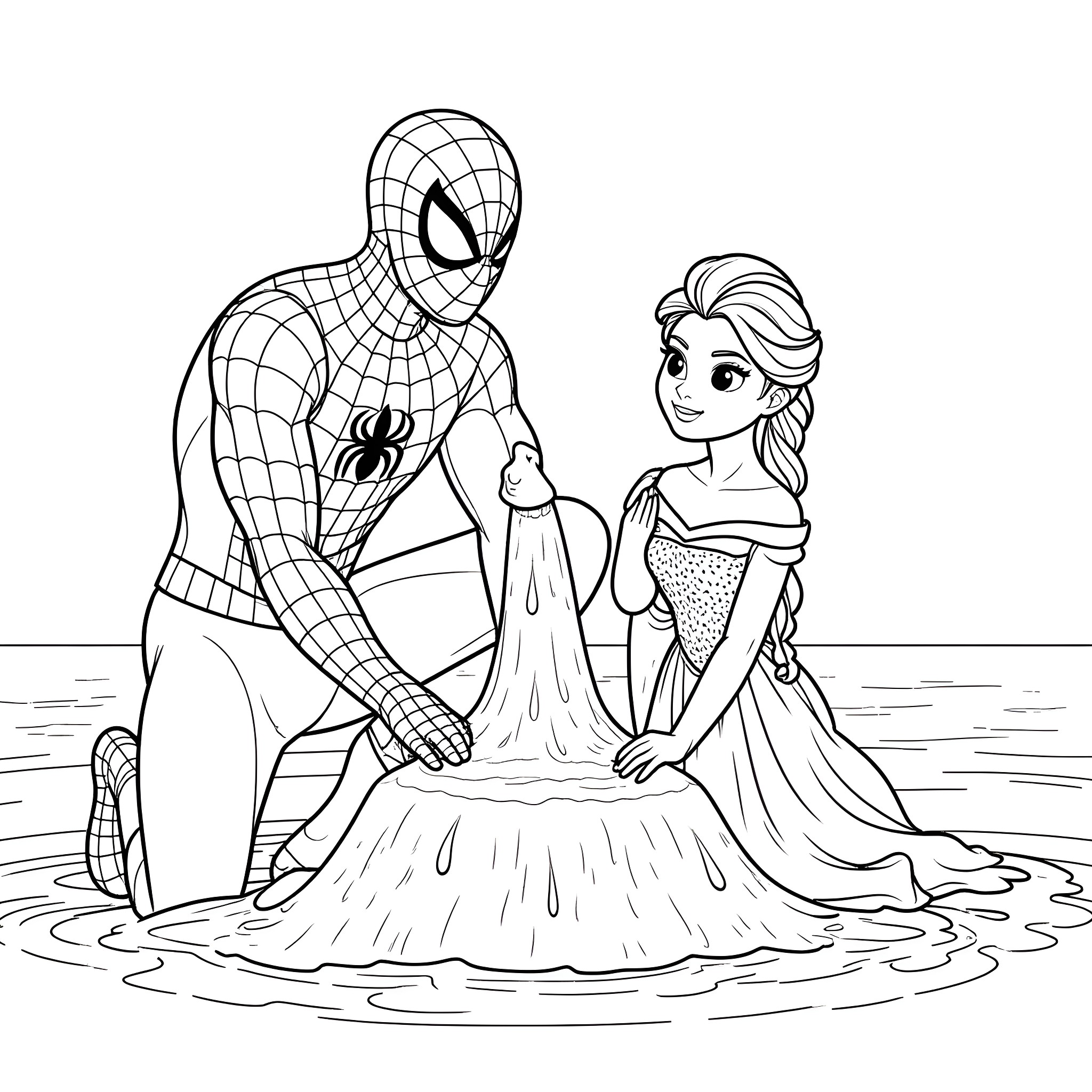 Spiderman helps Elsa on the beach Coloring Page (free black-and-white line drawing printable PDF for all, from beginners to advanced learners, including children, teens, adults, and seniors)