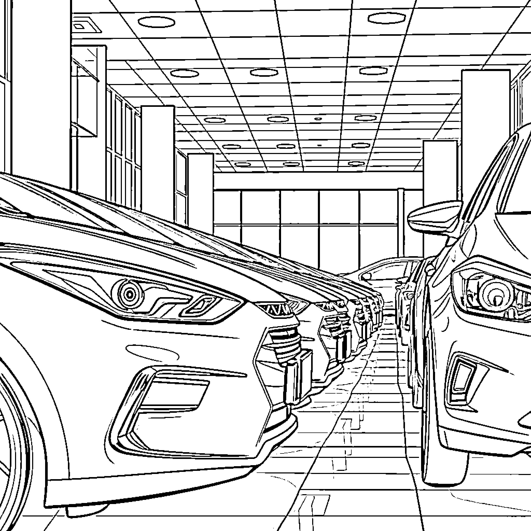 Hyundai Showroom with Sleek Vehicles on Display Coloring Page (free black-and-white line drawing printable PDF for all, from beginners to advanced learners, including children, teens, adults, and seniors)