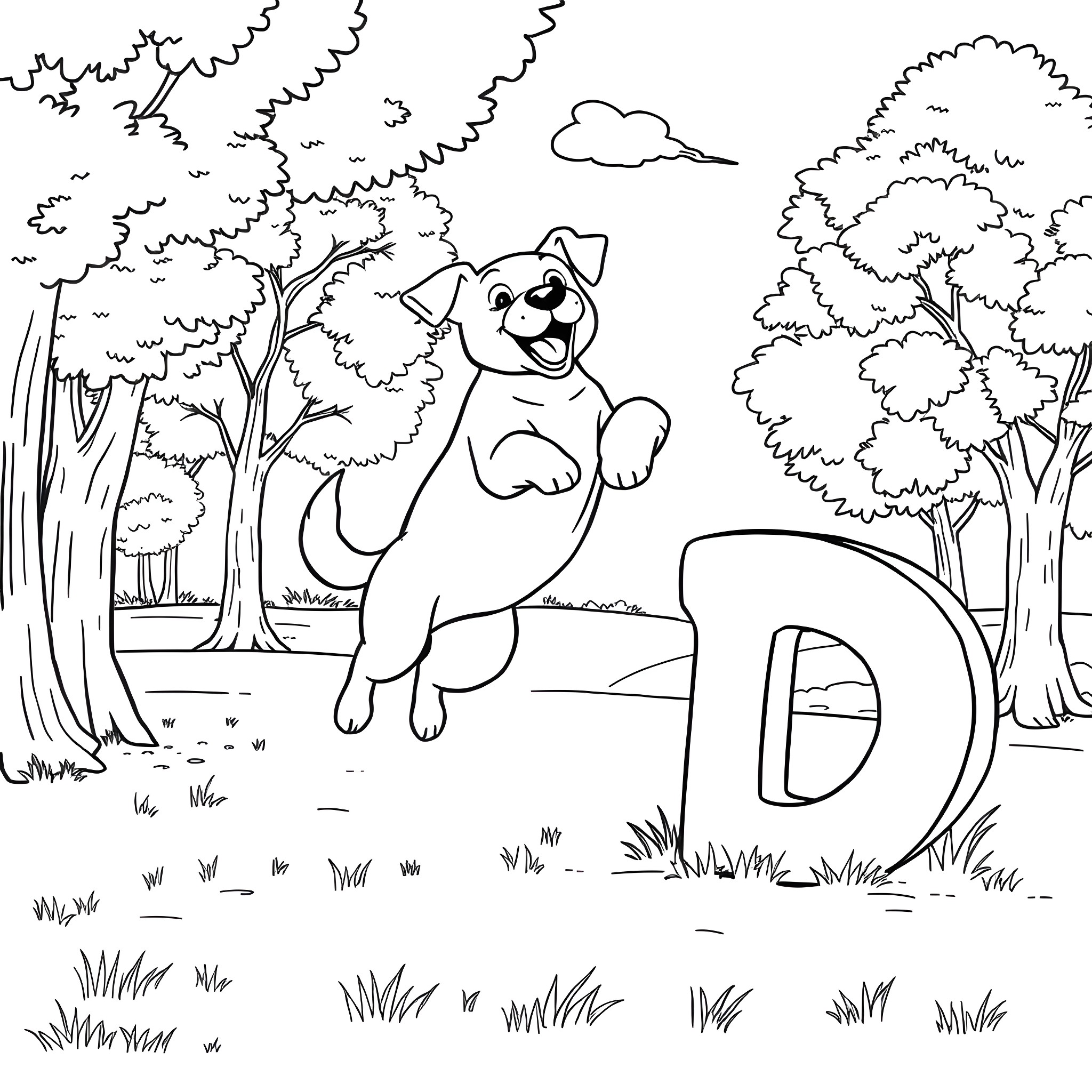 Dog playing happily in the forest Coloring Page (free black-and-white line drawing printable PDF for all, from beginners to advanced learners, including children, teens, adults, and seniors)