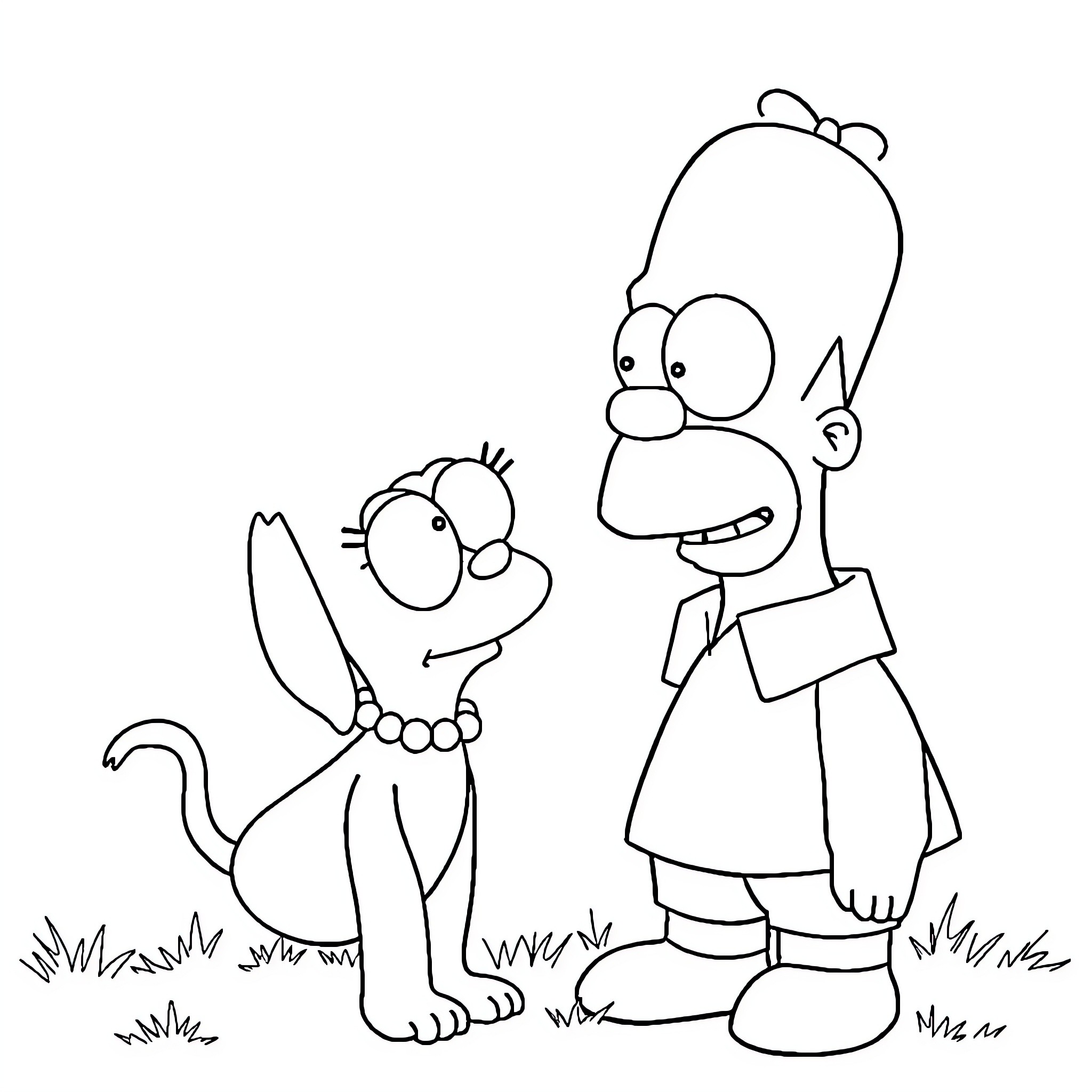 Maggie and Homer in a Whimsical Outdoor Scene Coloring Page (free black-and-white line drawing printable PDF for all, from beginners to advanced learners, including children, teens, adults, and seniors)