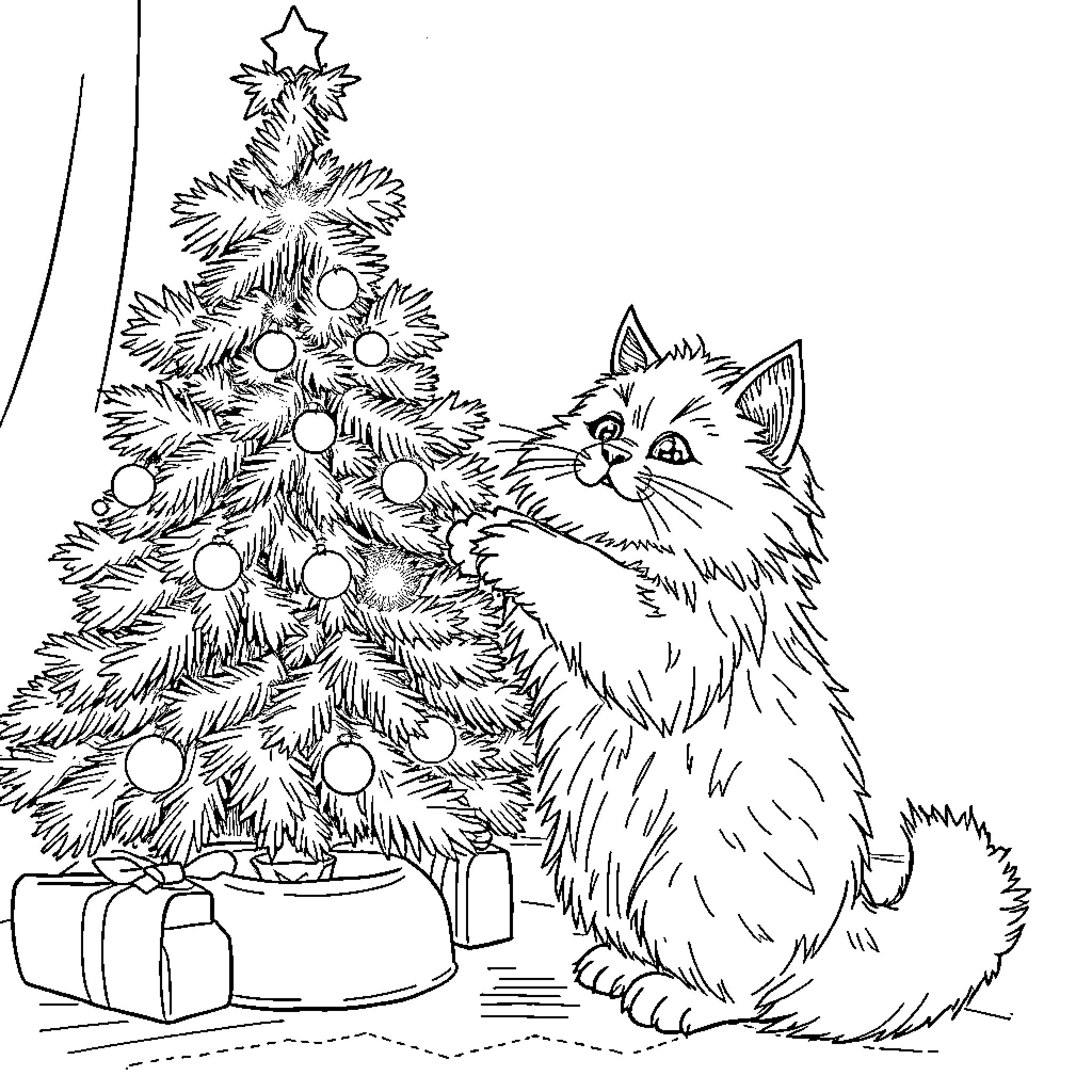 Cat admiring the Christmas tree Coloring Page (free black-and-white line drawing printable PDF for all, from beginners to advanced learners, including children, teens, adults, and seniors)