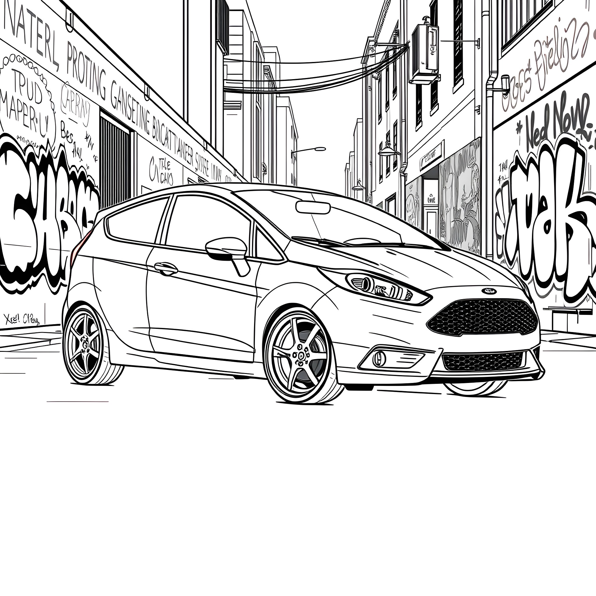 Ford Fiesta in the City Streets Coloring Page (free black-and-white line drawing printable PDF for all, from beginners to advanced learners, including children, teens, adults, and seniors)