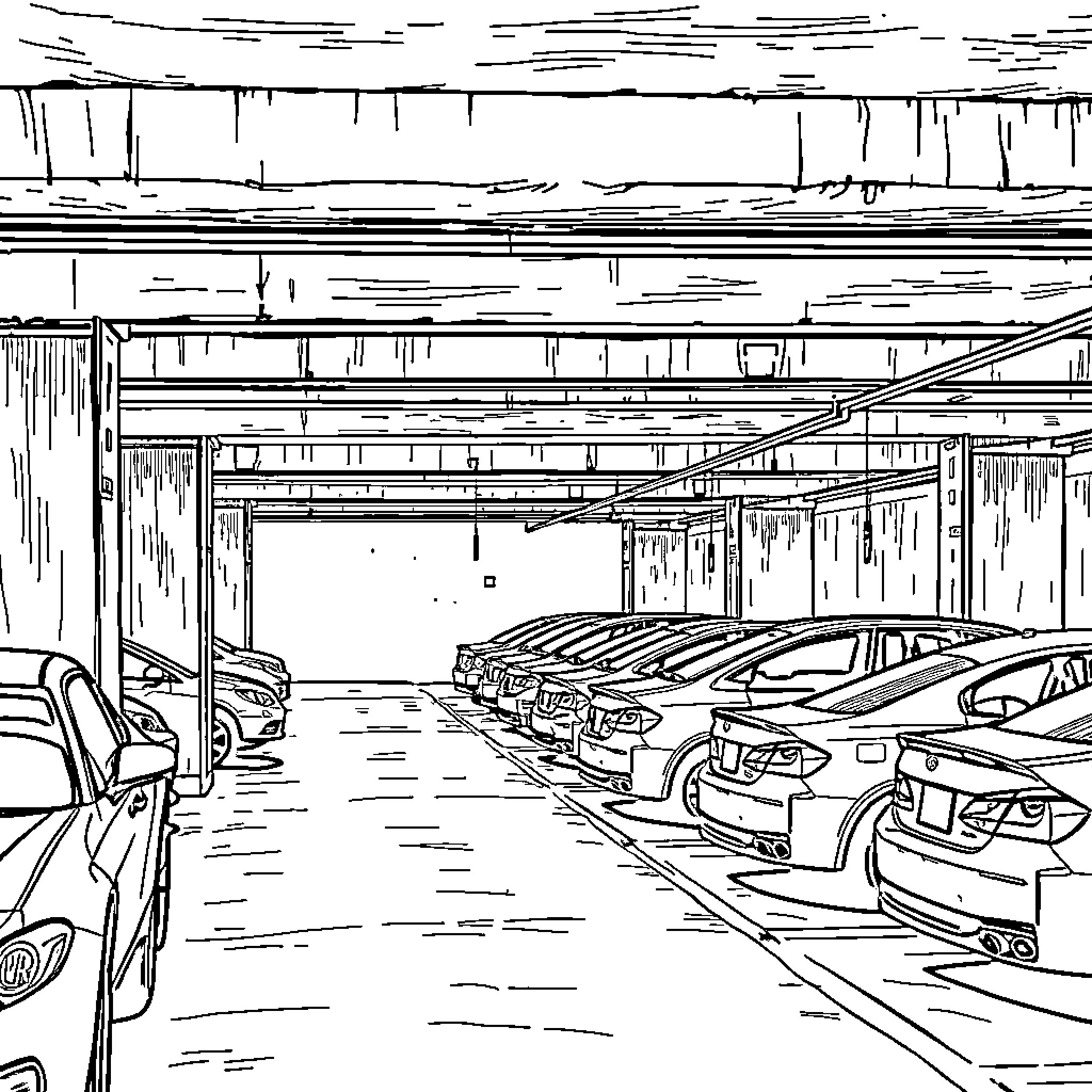 Parking Garage with Cars Parked Inside Coloring Page (free black-and-white line drawing printable PDF for all, from beginners to advanced learners, including children, teens, adults, and seniors)