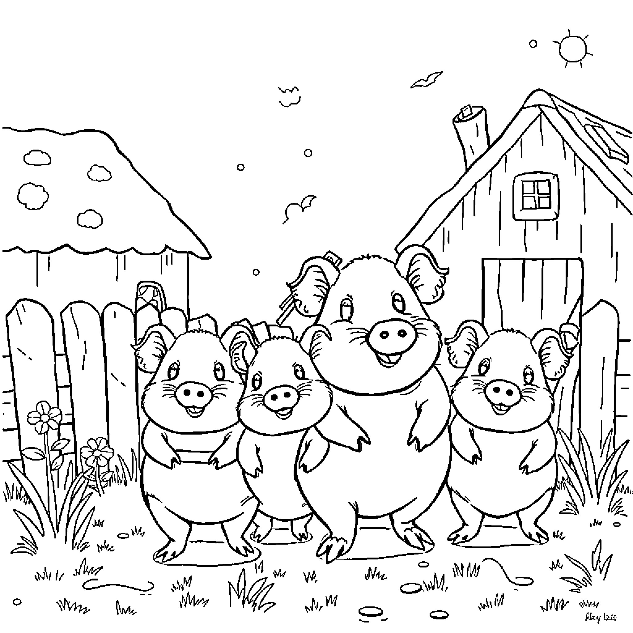Pig family exploring the countryside Coloring Page (free black-and-white line drawing printable PDF for all, from beginners to advanced learners, including children, teens, adults, and seniors)