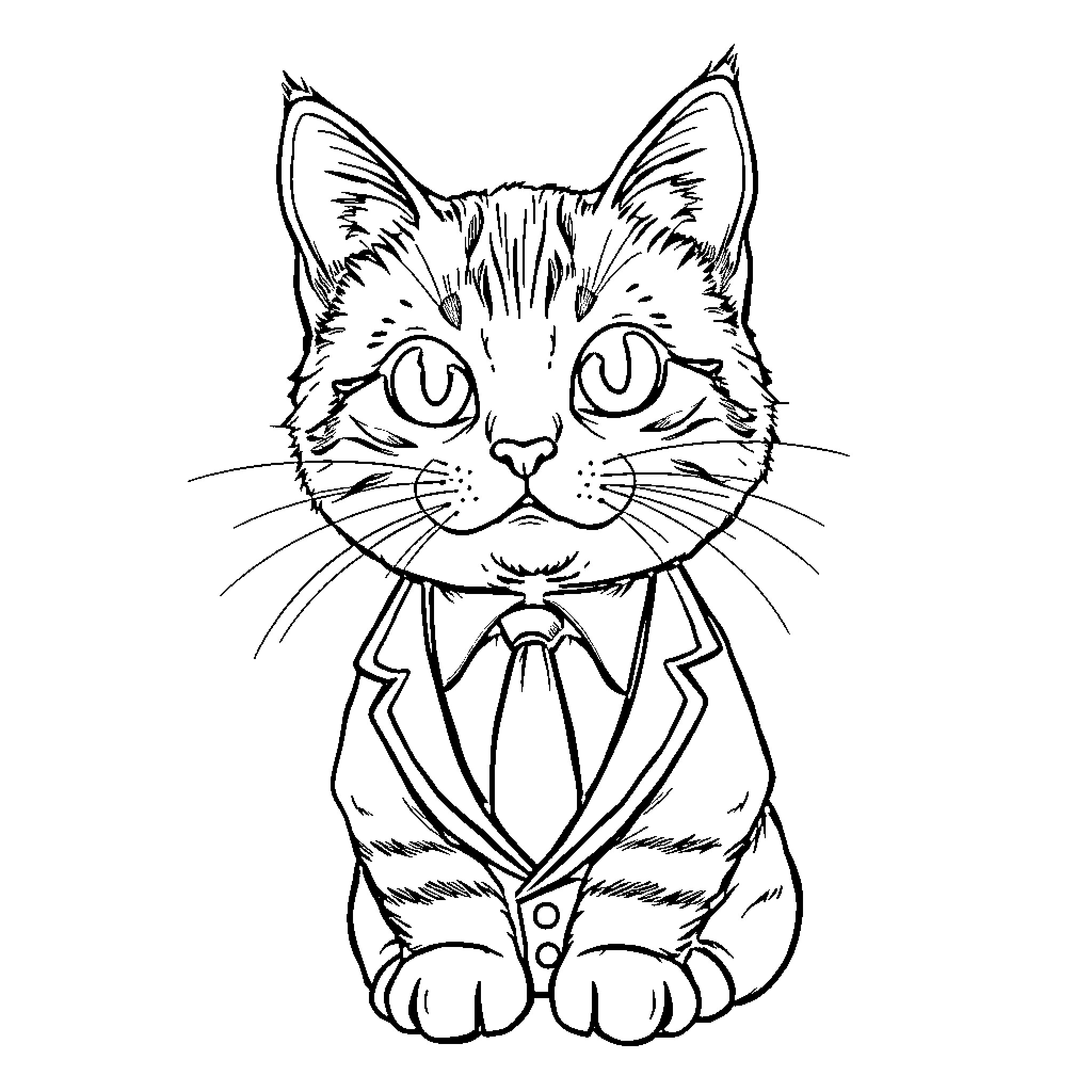 Cat in Formal Attire Coloring Page (free black-and-white line drawing printable PDF for all, from beginners to advanced learners, including children, teens, adults, and seniors)