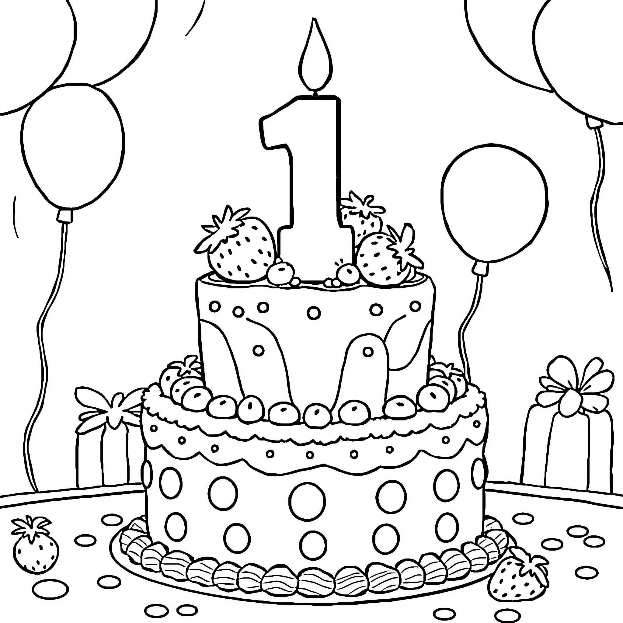 Strawberry cake and balloons for first birthday celebration Coloring Page (free black-and-white line drawing printable PDF for all, from beginners to advanced learners, including children, teens, adults, and seniors)