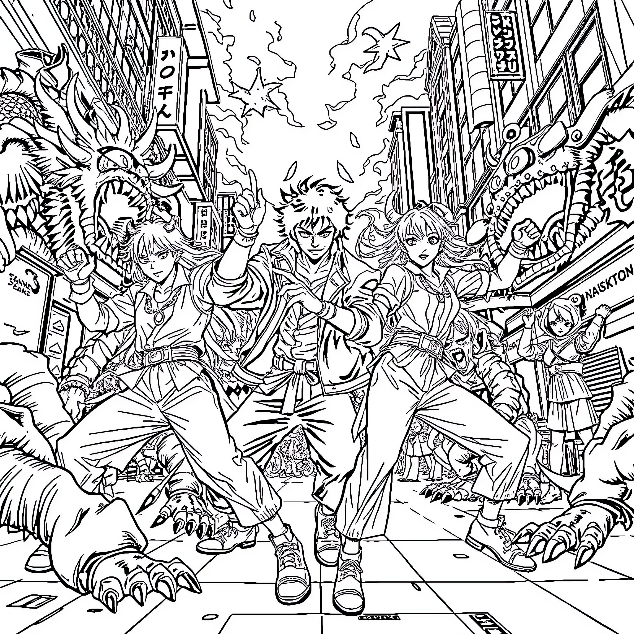 Sangoku - Anime Heroes Battling in the City Coloring Page (free black-and-white line drawing printable PDF for all, from beginners to advanced learners, including children, teens, adults, and seniors)