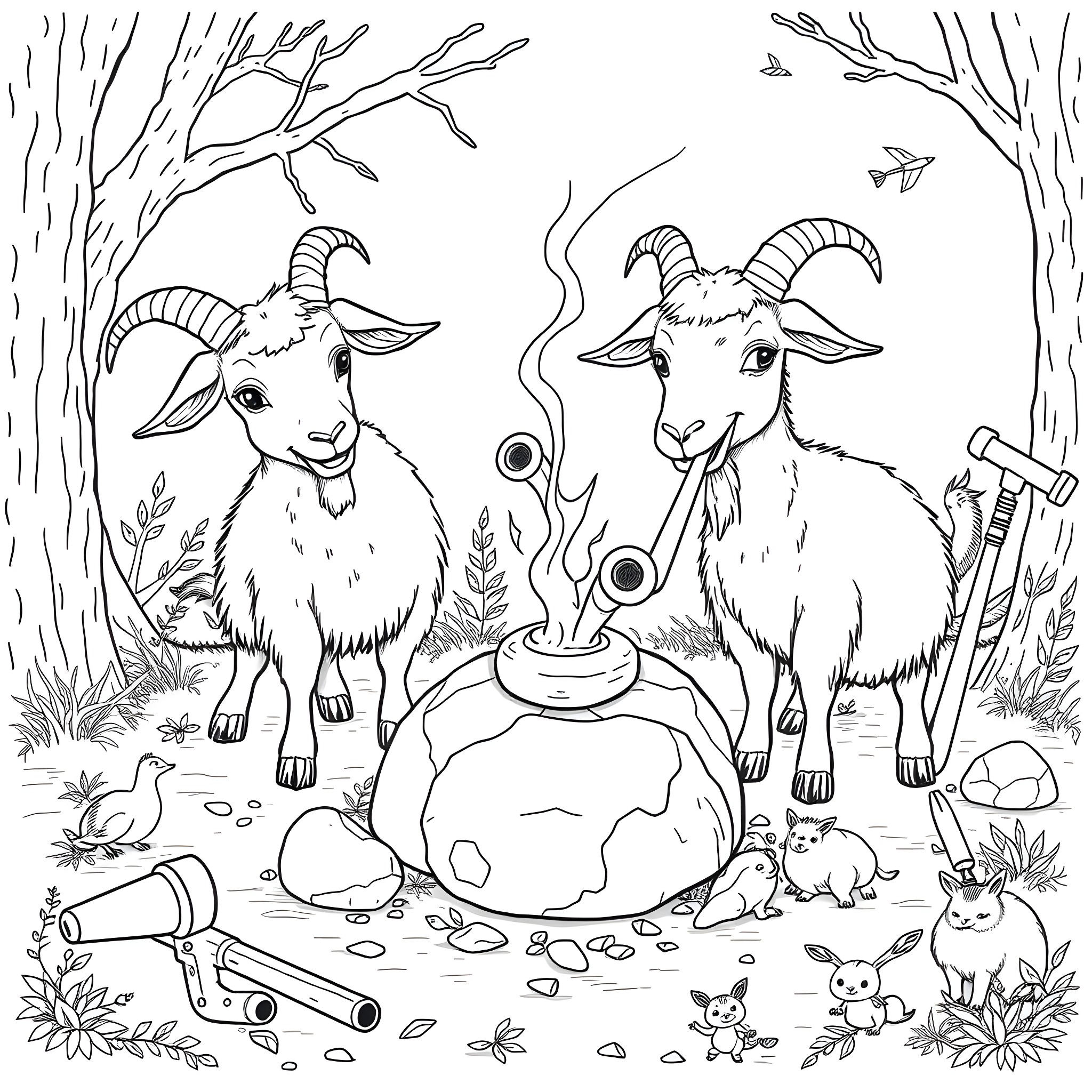 Goats enjoying a campfire in the woods Coloring Page (free black-and-white line drawing printable PDF for all, from beginners to advanced learners, including children, teens, adults, and seniors)