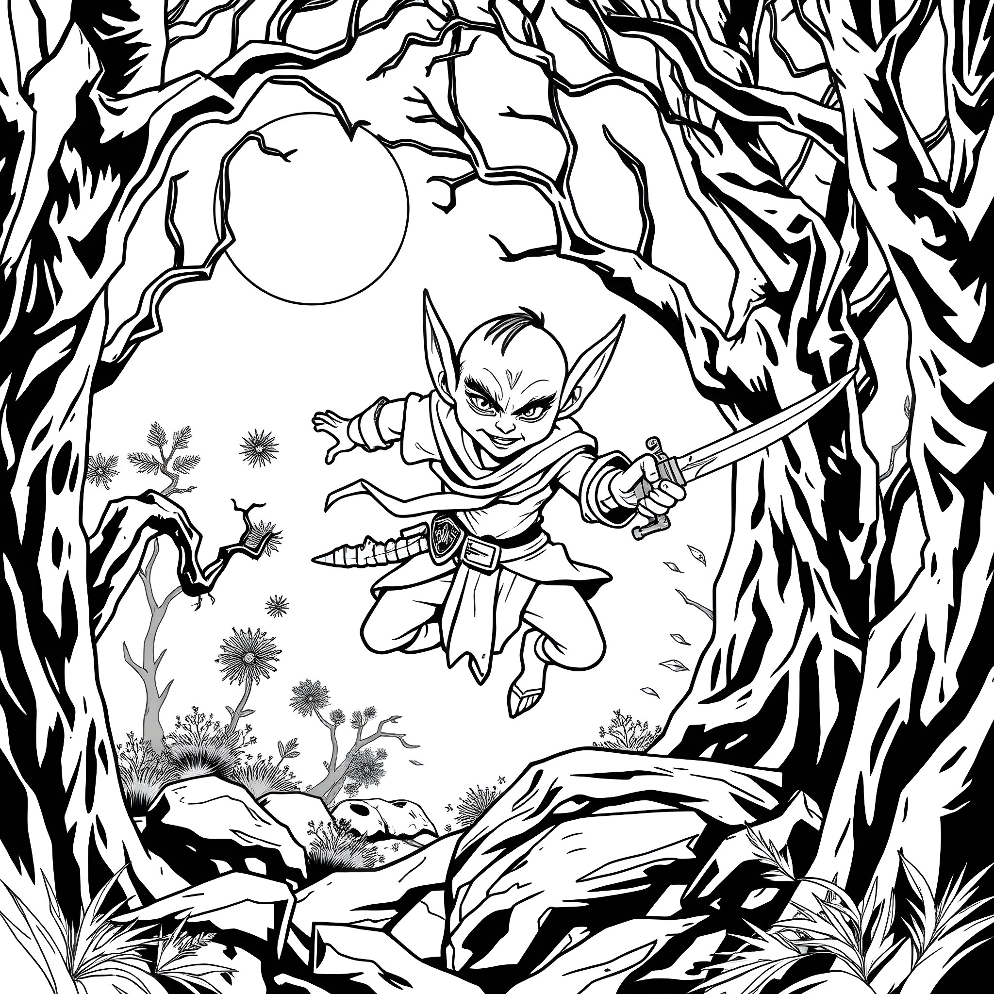 Goblin warrior fighting in the enchanted forest Coloring Page (free black-and-white line drawing printable PDF for all, from beginners to advanced learners, including children, teens, adults, and seniors)