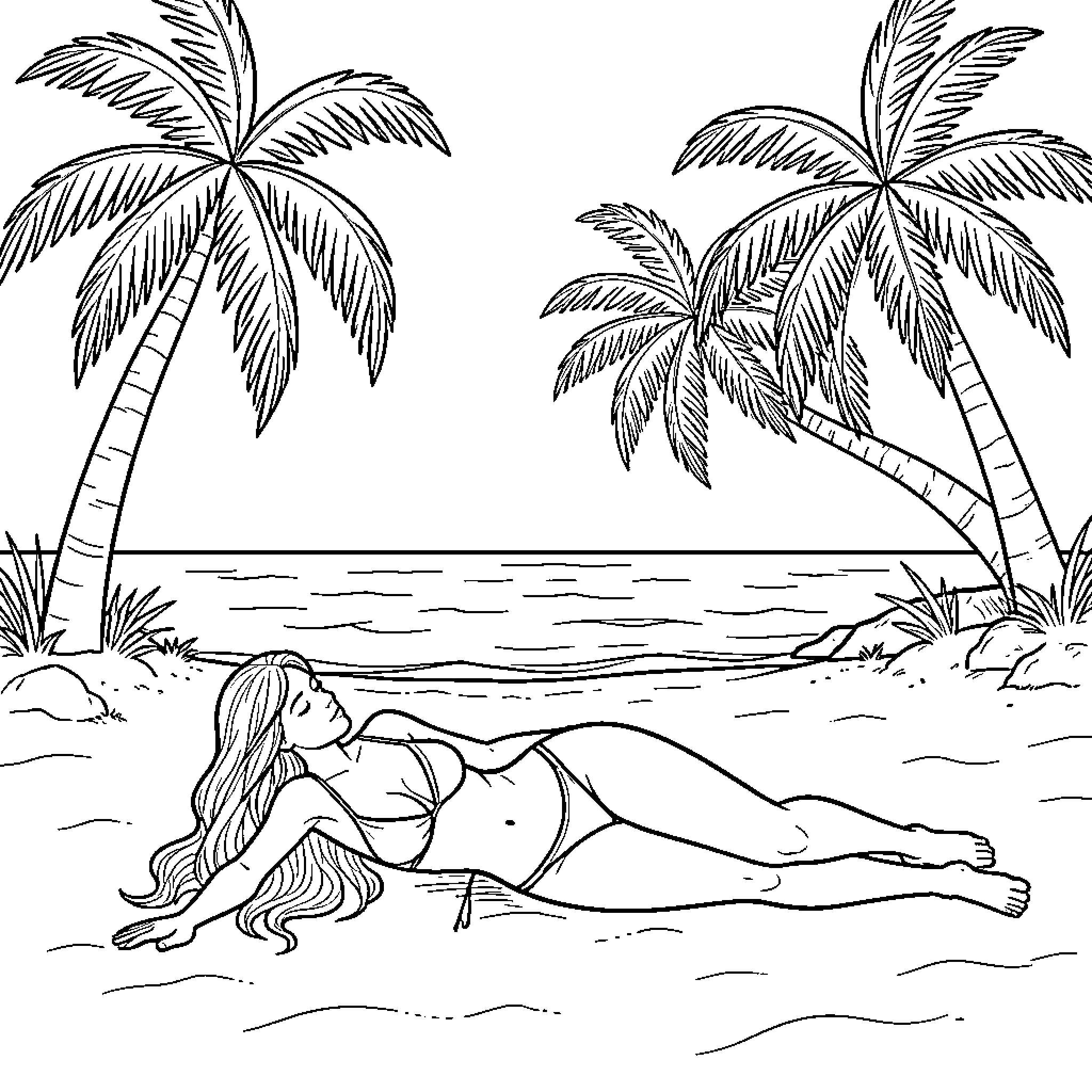 Woman relaxing on a tropical beach under palm trees Coloring Page (free black-and-white line drawing printable PDF for all, from beginners to advanced learners, including children, teens, adults, and seniors)