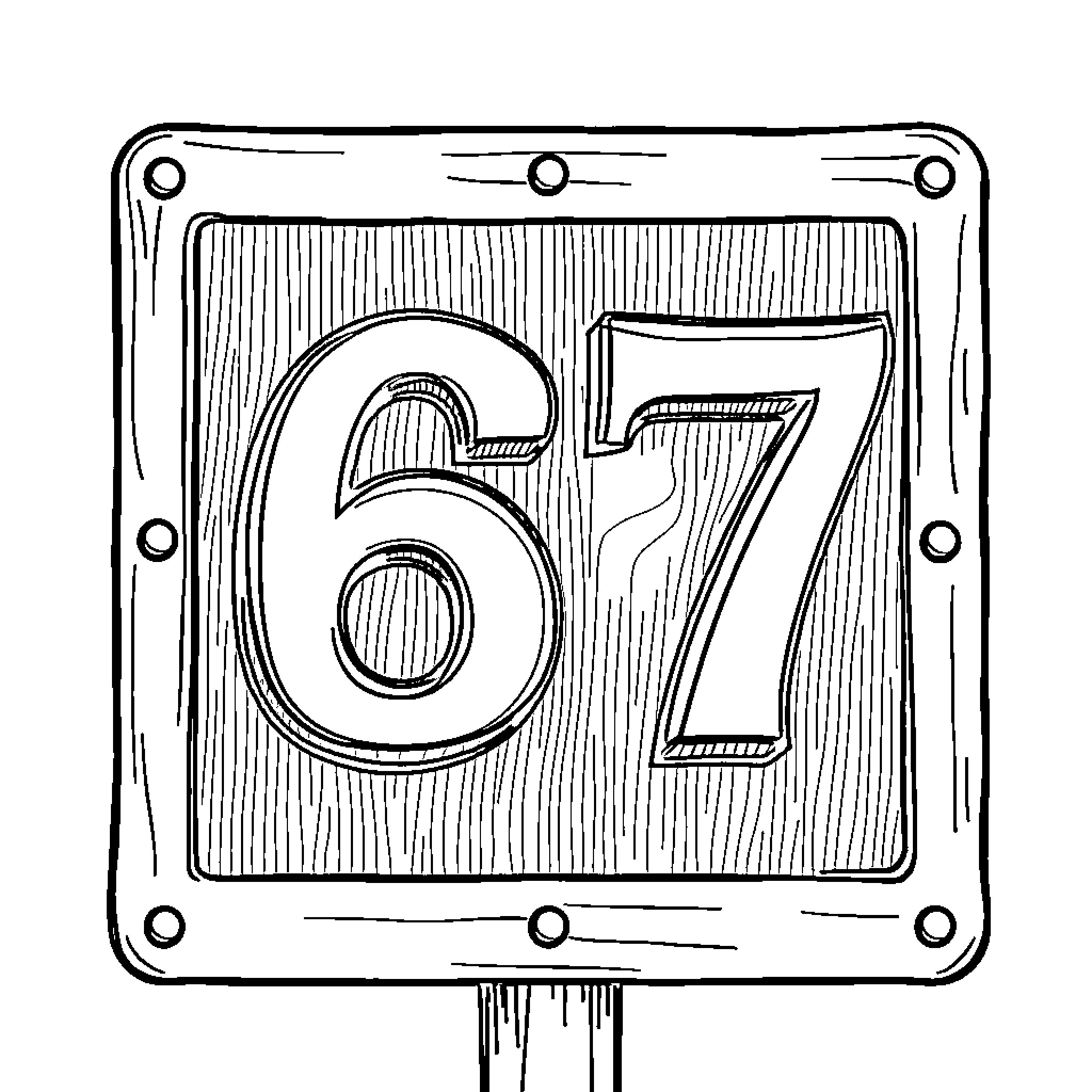 67 Wooden House Number Sign with Bold Digits Coloring Page (free black-and-white line drawing printable PDF for all, from beginners to advanced learners, including children, teens, adults, and seniors)