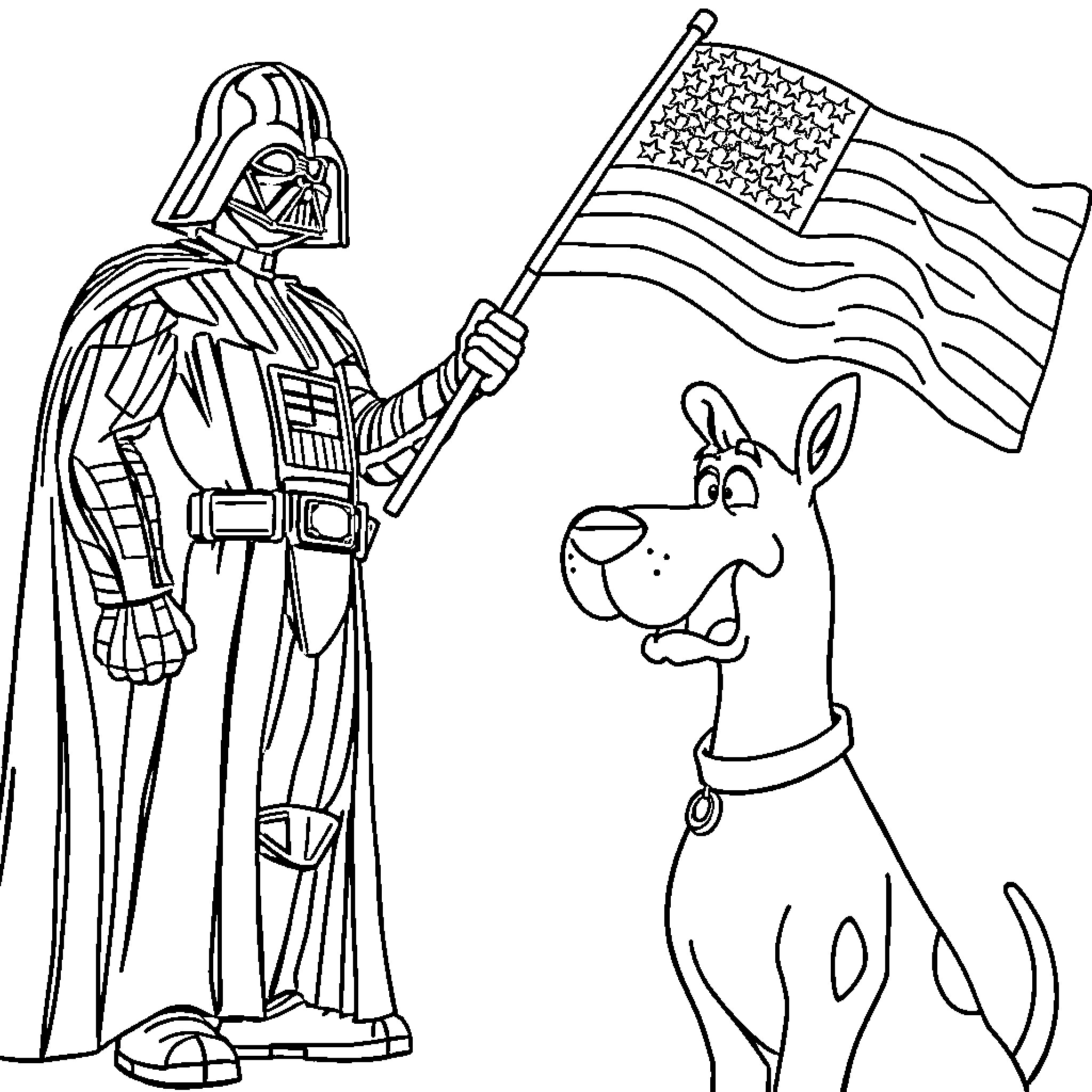 Darth Vader Holding American Flag with Scooby-Doo Coloring Page (free black-and-white line drawing printable PDF for all, from beginners to advanced learners, including children, teens, adults, and seniors)