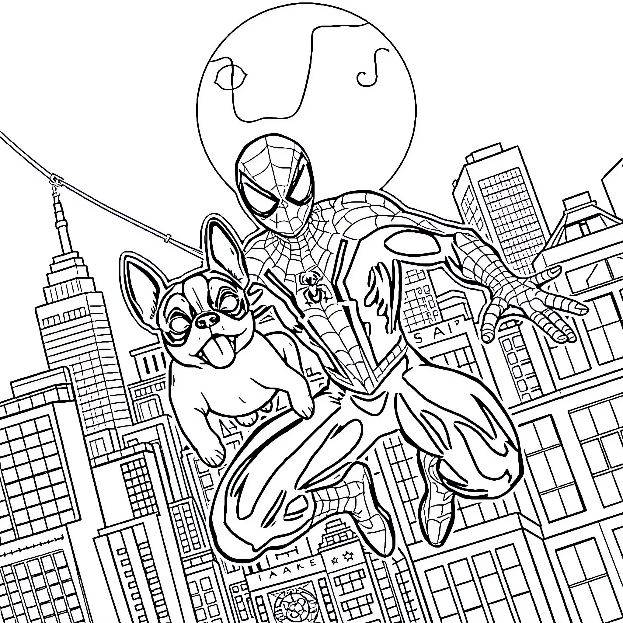 Spiderman and the Chihuahua's City Adventure Coloring Page (free black-and-white line drawing printable PDF for all, from beginners to advanced learners, including children, teens, adults, and seniors)