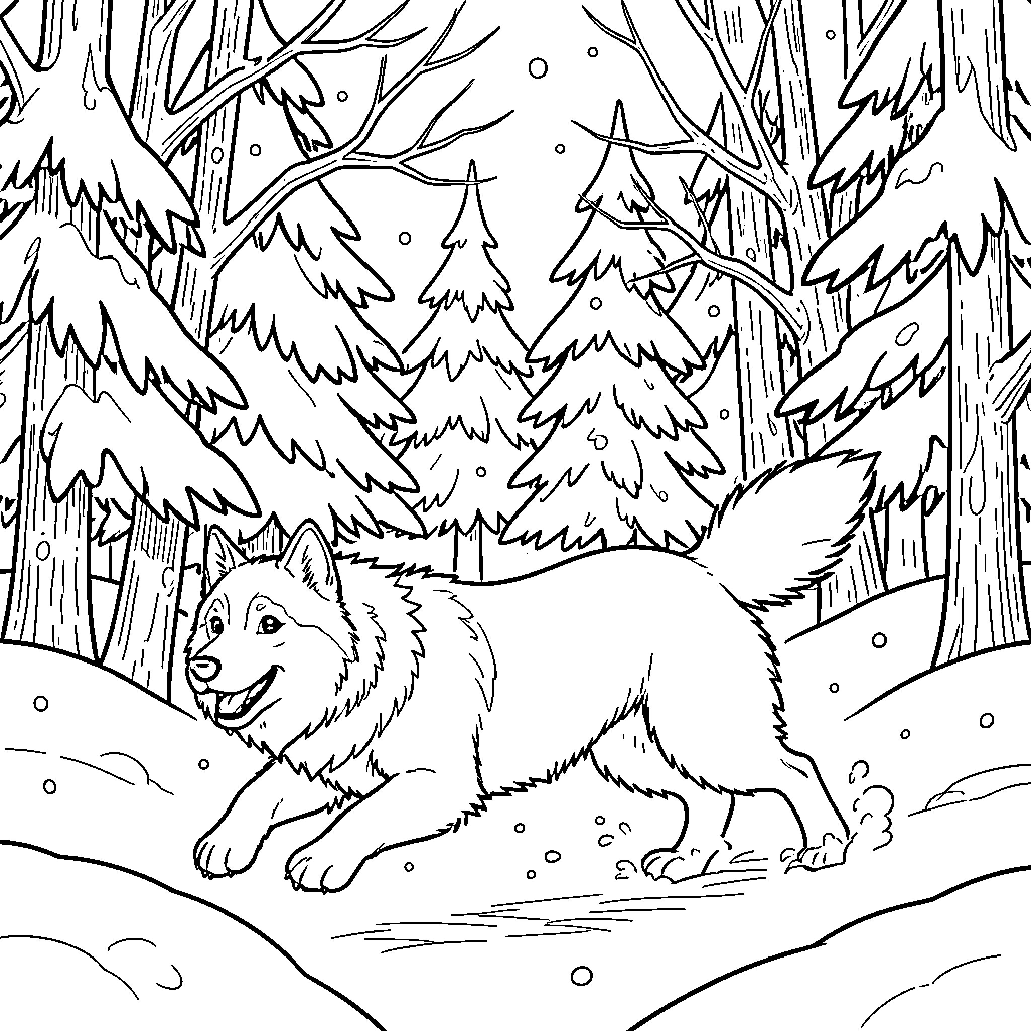Husky enjoying winter wonderland in snowy forest Coloring Page (free black-and-white line drawing printable PDF for all, from beginners to advanced learners, including children, teens, adults, and seniors)