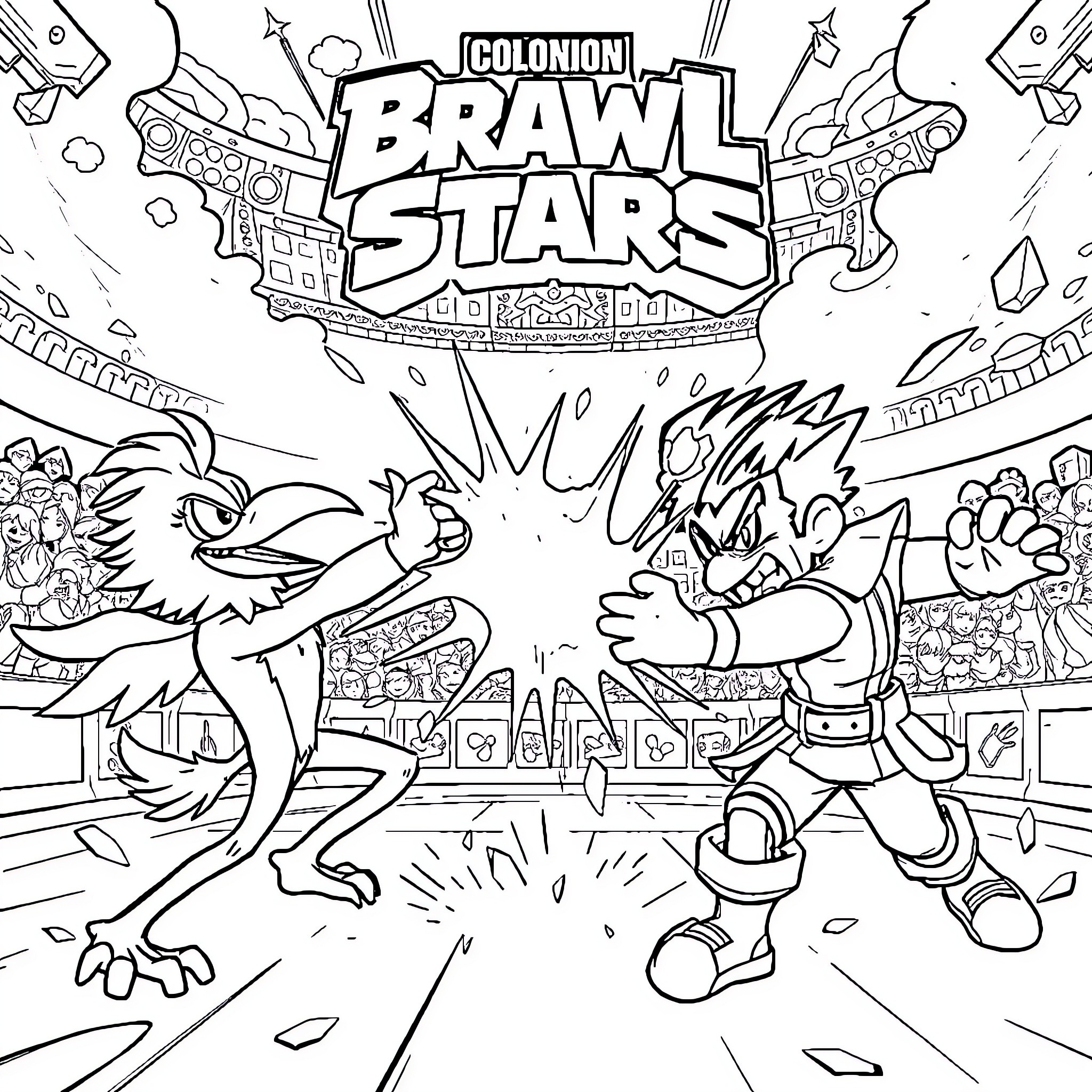 Brawl Stars: Fierce Battle Between Animated Characters Coloring Page (free black-and-white line drawing printable PDF for all, from beginners to advanced learners, including children, teens, adults, and seniors)