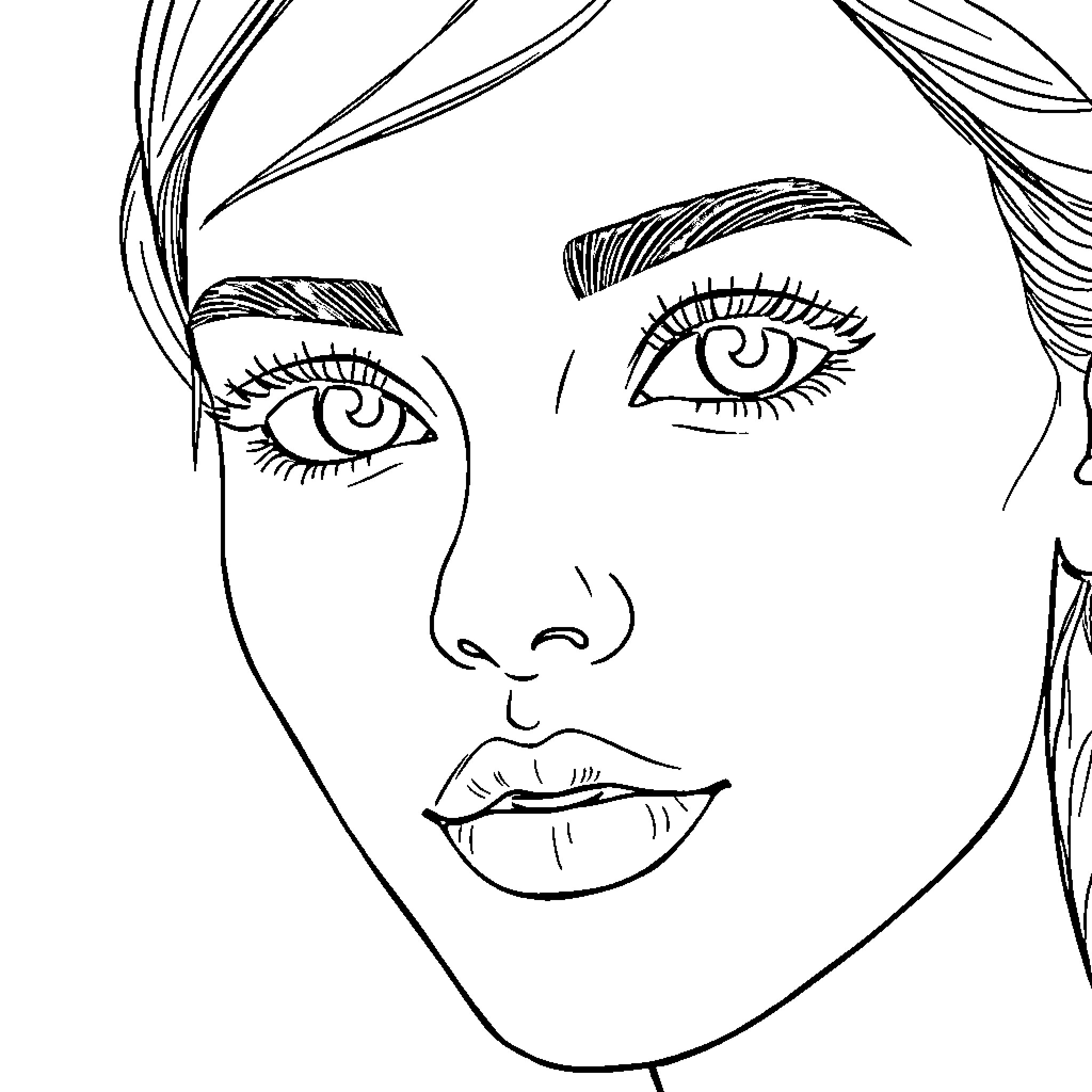 Girl with expressive eyes and detailed facial features Coloring Page (free black-and-white line drawing printable PDF for all, from beginners to advanced learners, including children, teens, adults, and seniors)