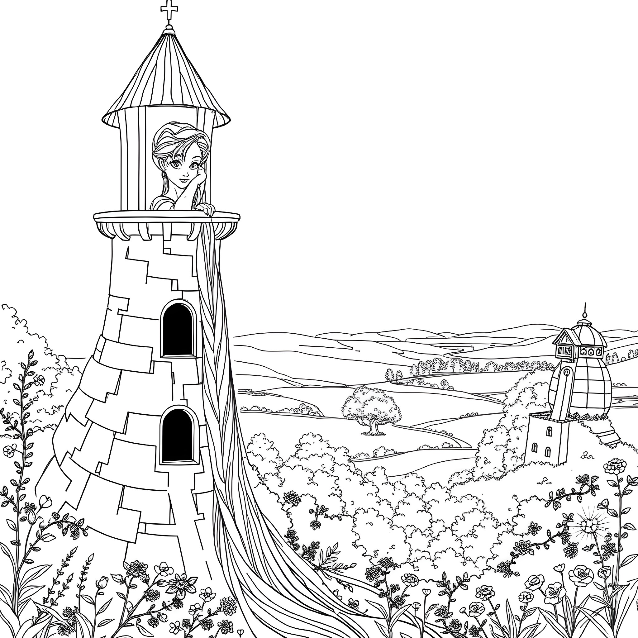 Rapunzel looking out from her tower in a scenic landscape Coloring Page (free black-and-white line drawing printable PDF for all, from beginners to advanced learners, including children, teens, adults, and seniors)
