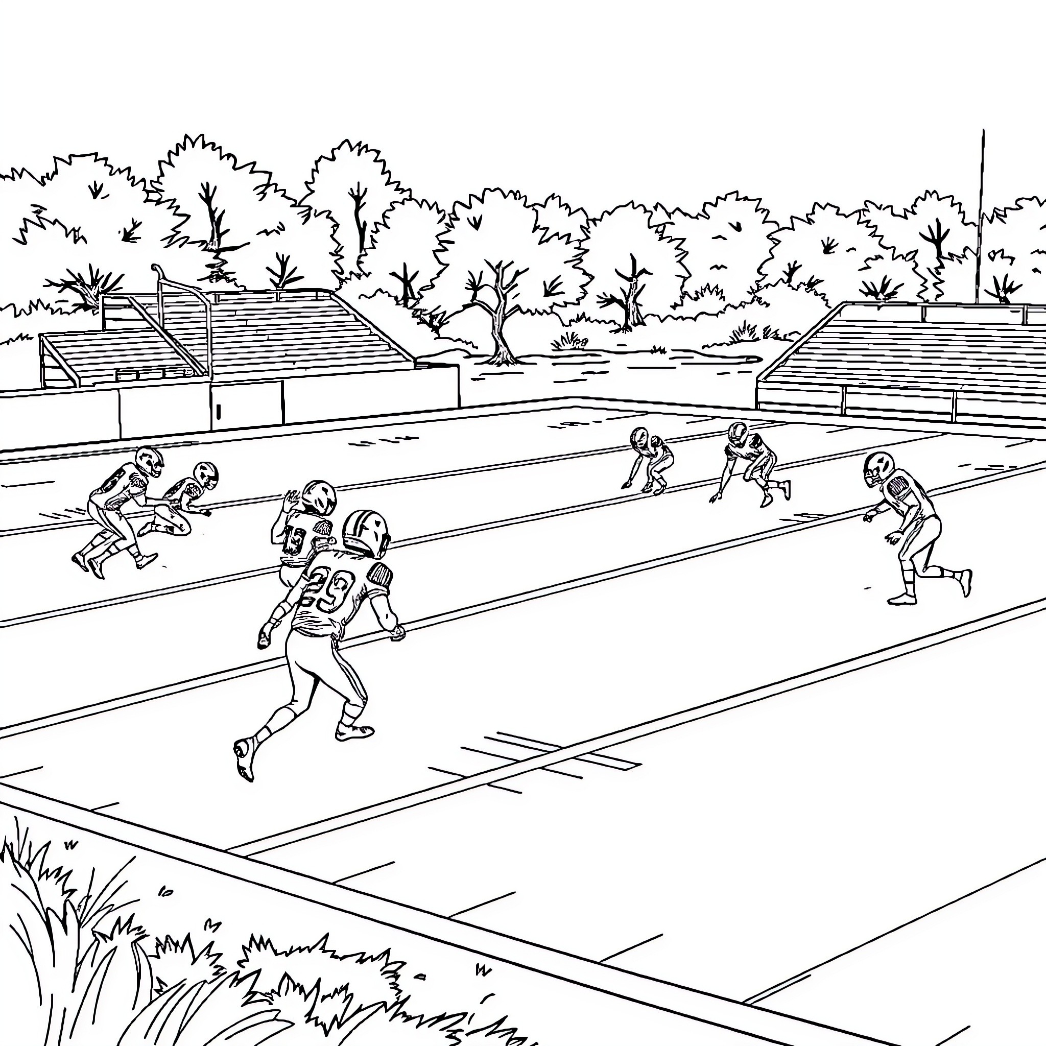 Laporte Slicer: Football players in action on the field Coloring Page (free black-and-white line drawing printable PDF for all, from beginners to advanced learners, including children, teens, adults, and seniors)