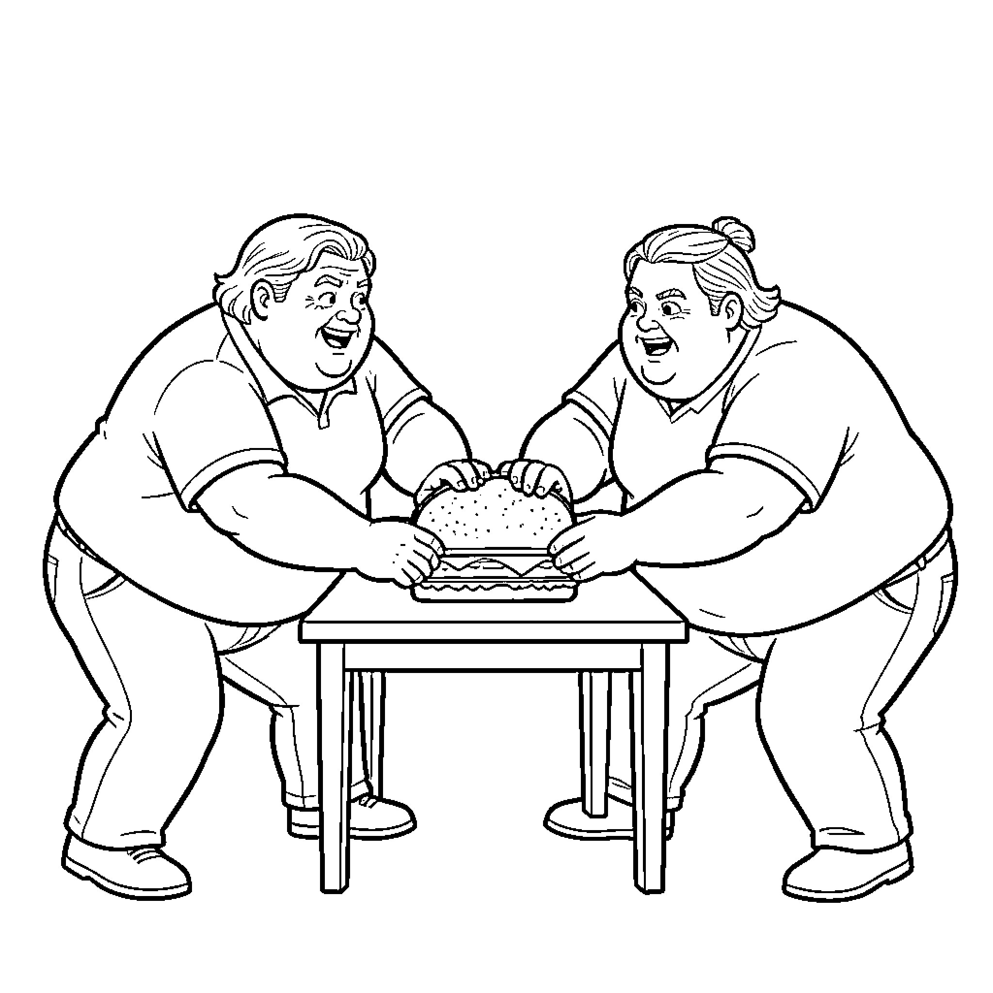 Person grabbing a large burger from a table Coloring Page (free black-and-white line drawing printable PDF for all, from beginners to advanced learners, including children, teens, adults, and seniors)