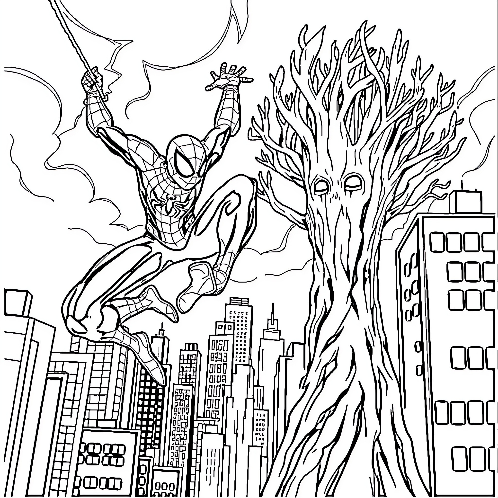 Spider-Man swinging through the city with action Coloring Page (free black-and-white line drawing printable PDF for all, from beginners to advanced learners, including children, teens, adults, and seniors)