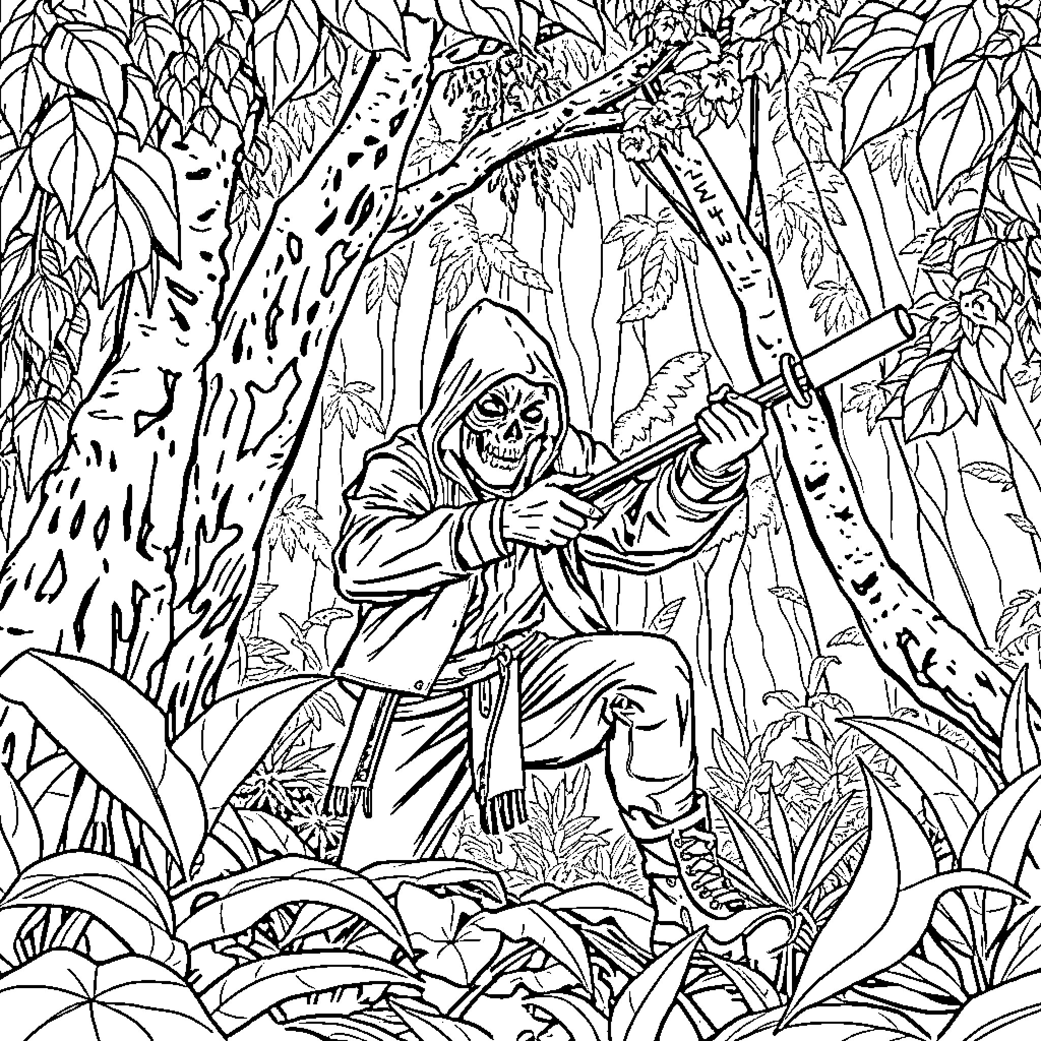 Predator lurking in the dark forest Coloring Page (free black-and-white line drawing printable PDF for all, from beginners to advanced learners, including children, teens, adults, and seniors)