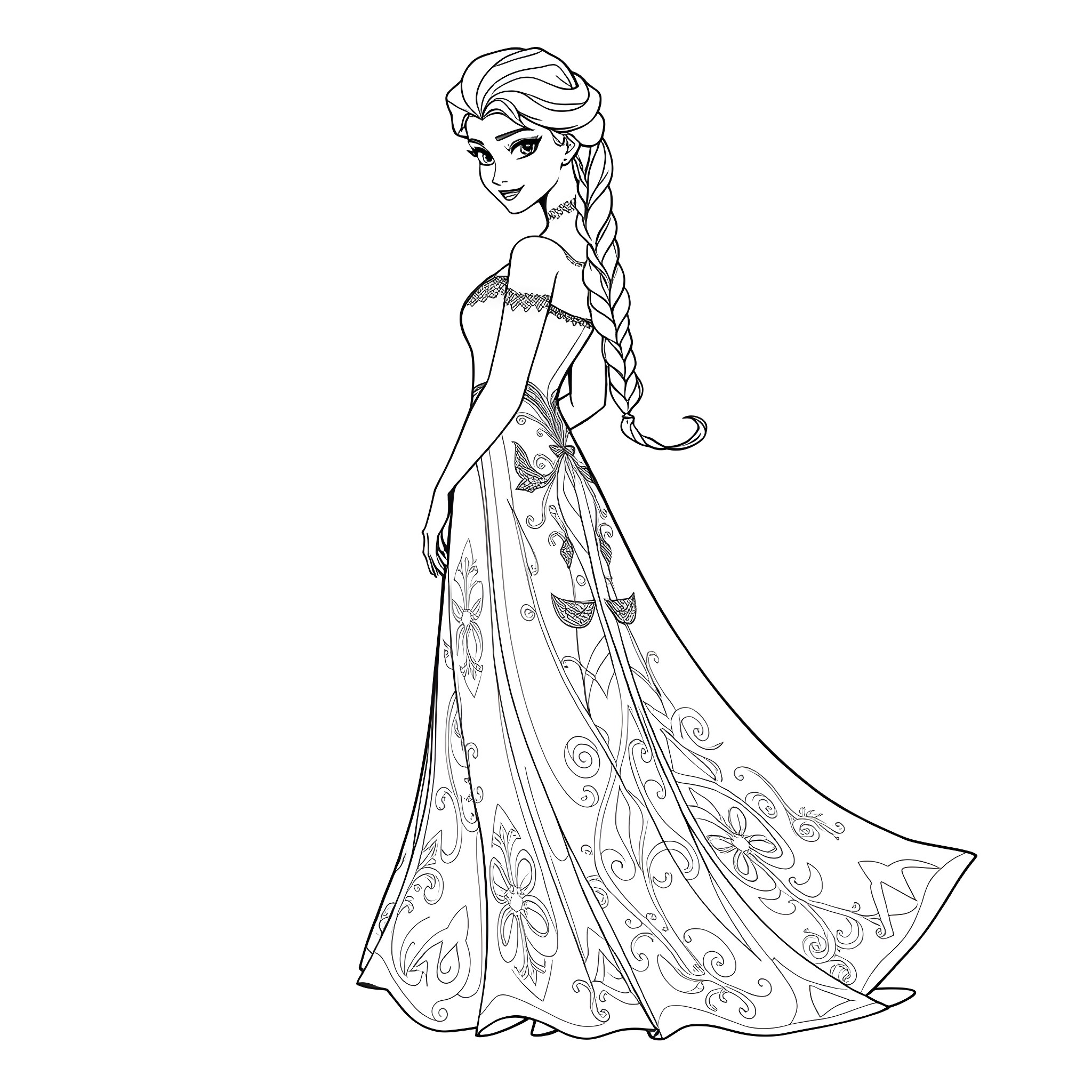 Elsa in a Flowing, Ornate Gown Coloring Page (free black-and-white line drawing printable PDF for all, from beginners to advanced learners, including children, teens, adults, and seniors)