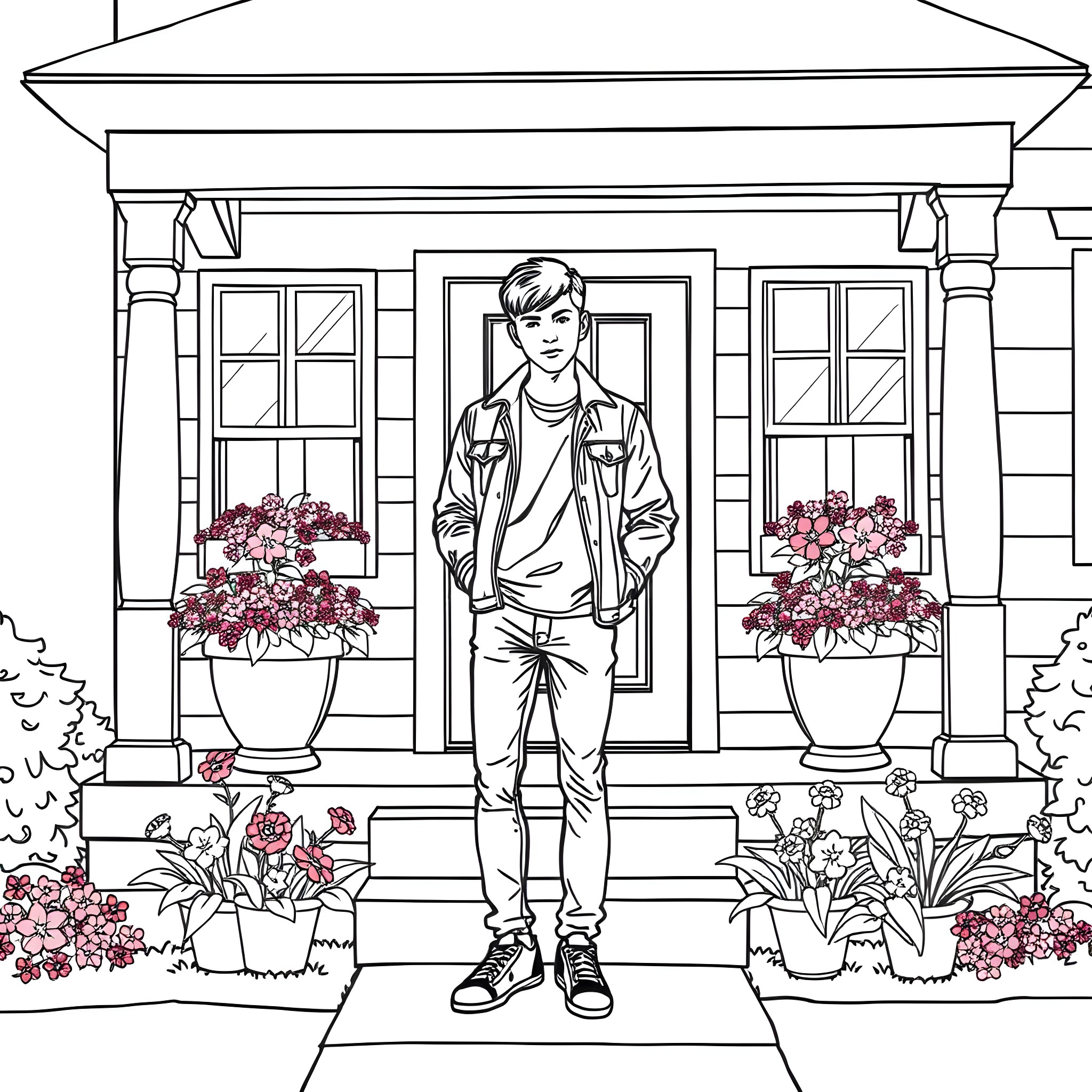 Teen Guy Standing in Front of Vibrant Floral Decor Coloring Page (free black-and-white line drawing printable PDF for all, from beginners to advanced learners, including children, teens, adults, and seniors)