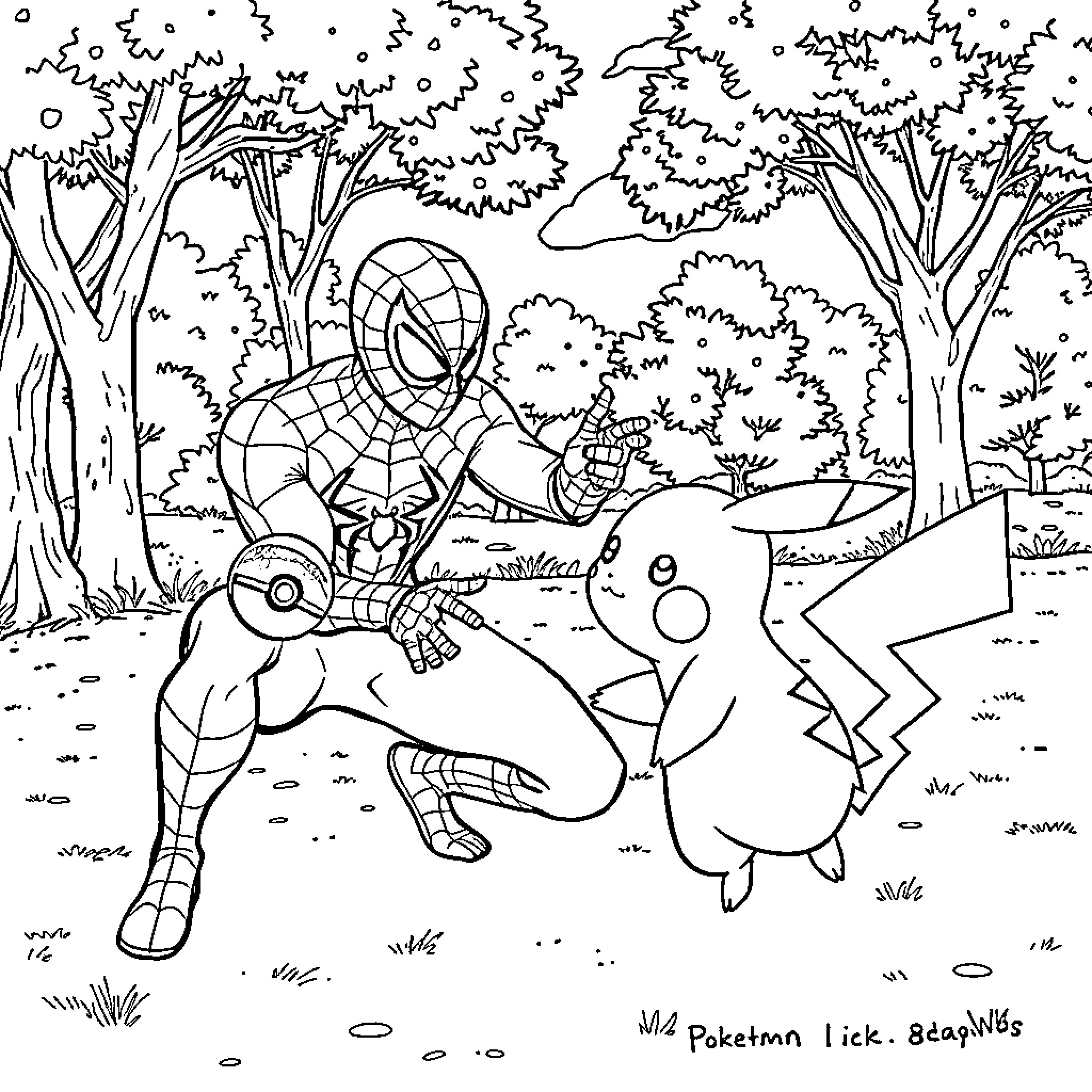 Spider-Man battles Pokemon in the forest Coloring Page (free black-and-white line drawing printable PDF for all, from beginners to advanced learners, including children, teens, adults, and seniors)