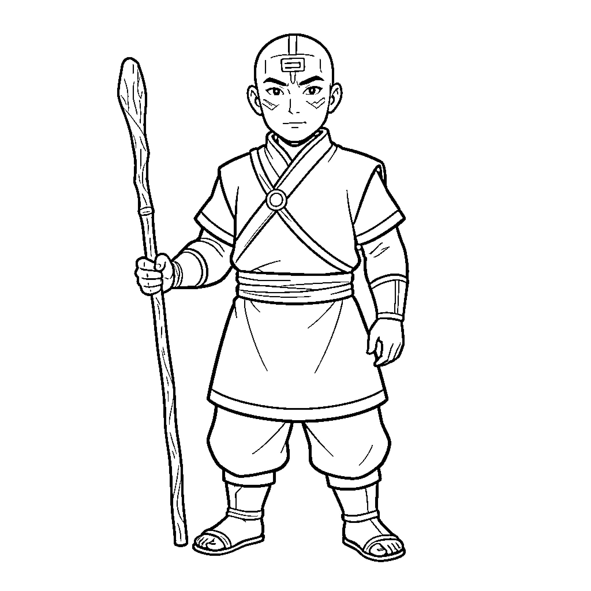 Aang standing heroically while holding a wooden staff Coloring Page (free black-and-white line drawing printable PDF for all, from beginners to advanced learners, including children, teens, adults, and seniors)
