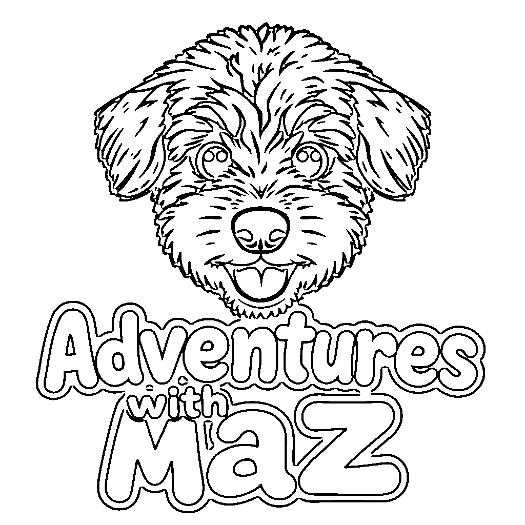 Labradoodle enjoying adventures with Maz Coloring Page (free black-and-white line drawing printable PDF for all, from beginners to advanced learners, including children, teens, adults, and seniors)