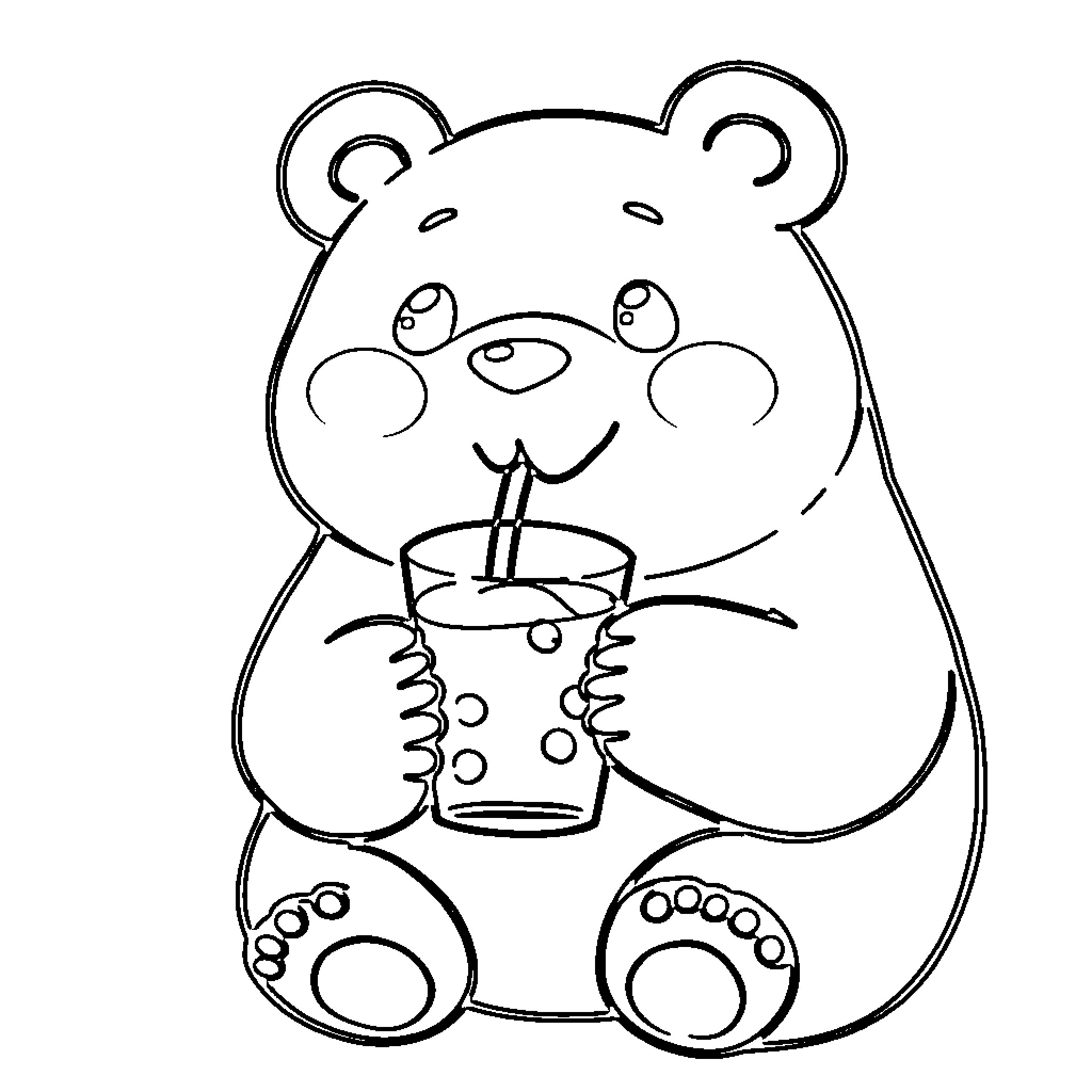 Bear enjoying a refreshing drink Coloring Page (free black-and-white line drawing printable PDF for all, from beginners to advanced learners, including children, teens, adults, and seniors)