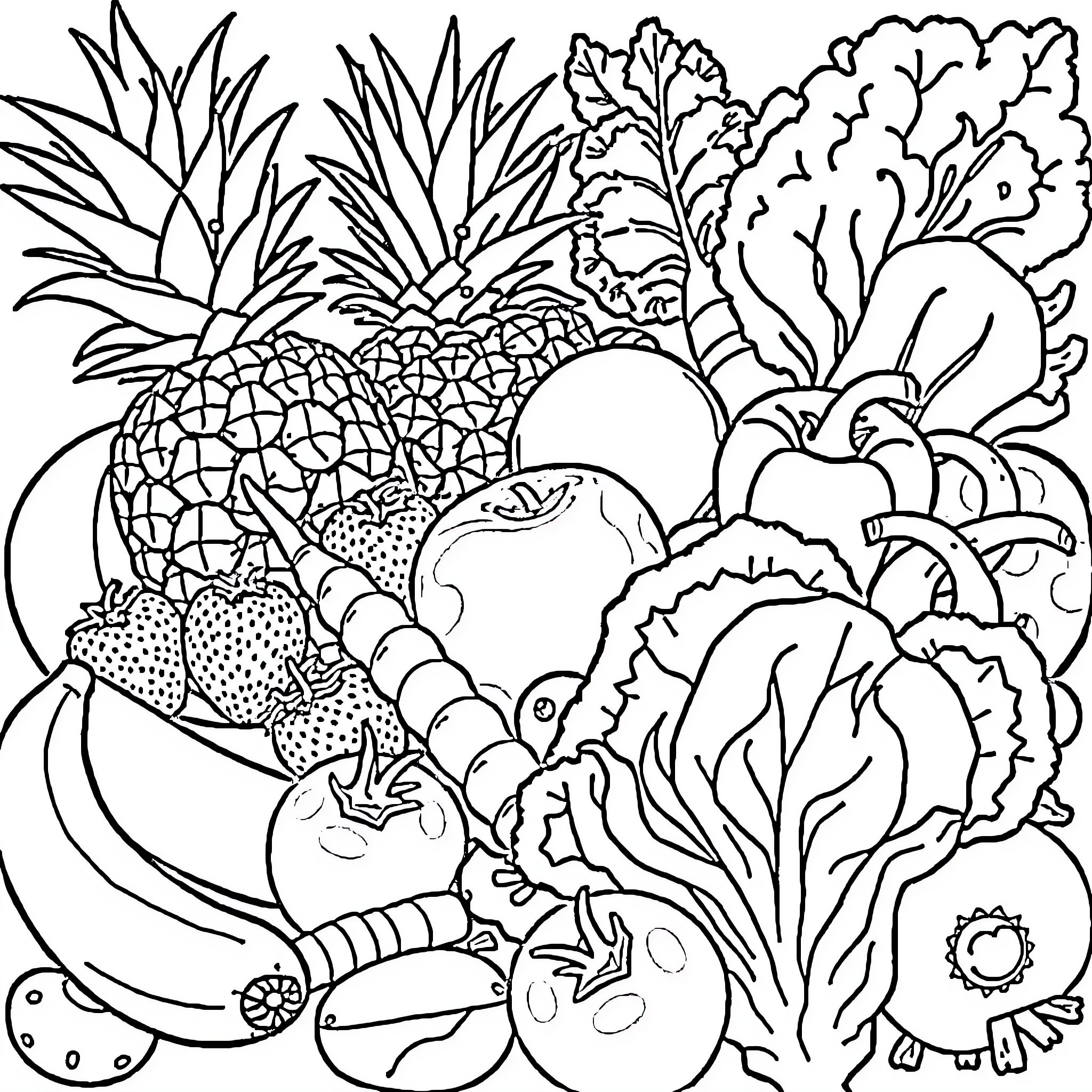 Fruit and Vegetable Assortment Coloring Page (free black-and-white line drawing printable PDF for all, from beginners to advanced learners, including children, teens, adults, and seniors)