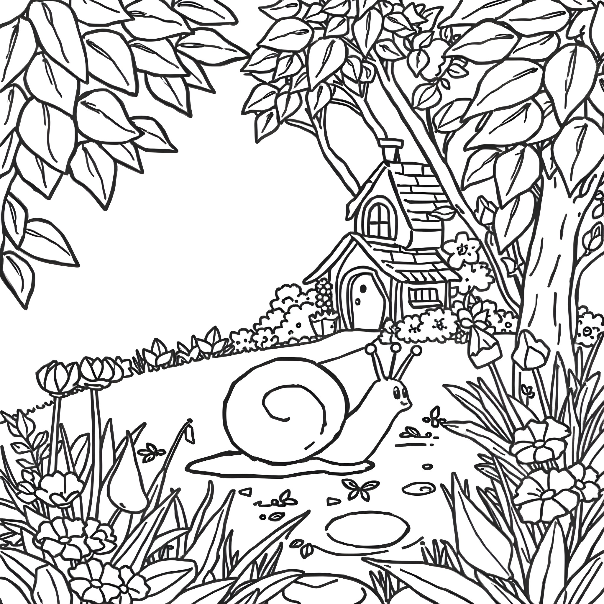 Snail exploring the enchanted forest cottage Coloring Page (free black-and-white line drawing printable PDF for all, from beginners to advanced learners, including children, teens, adults, and seniors)