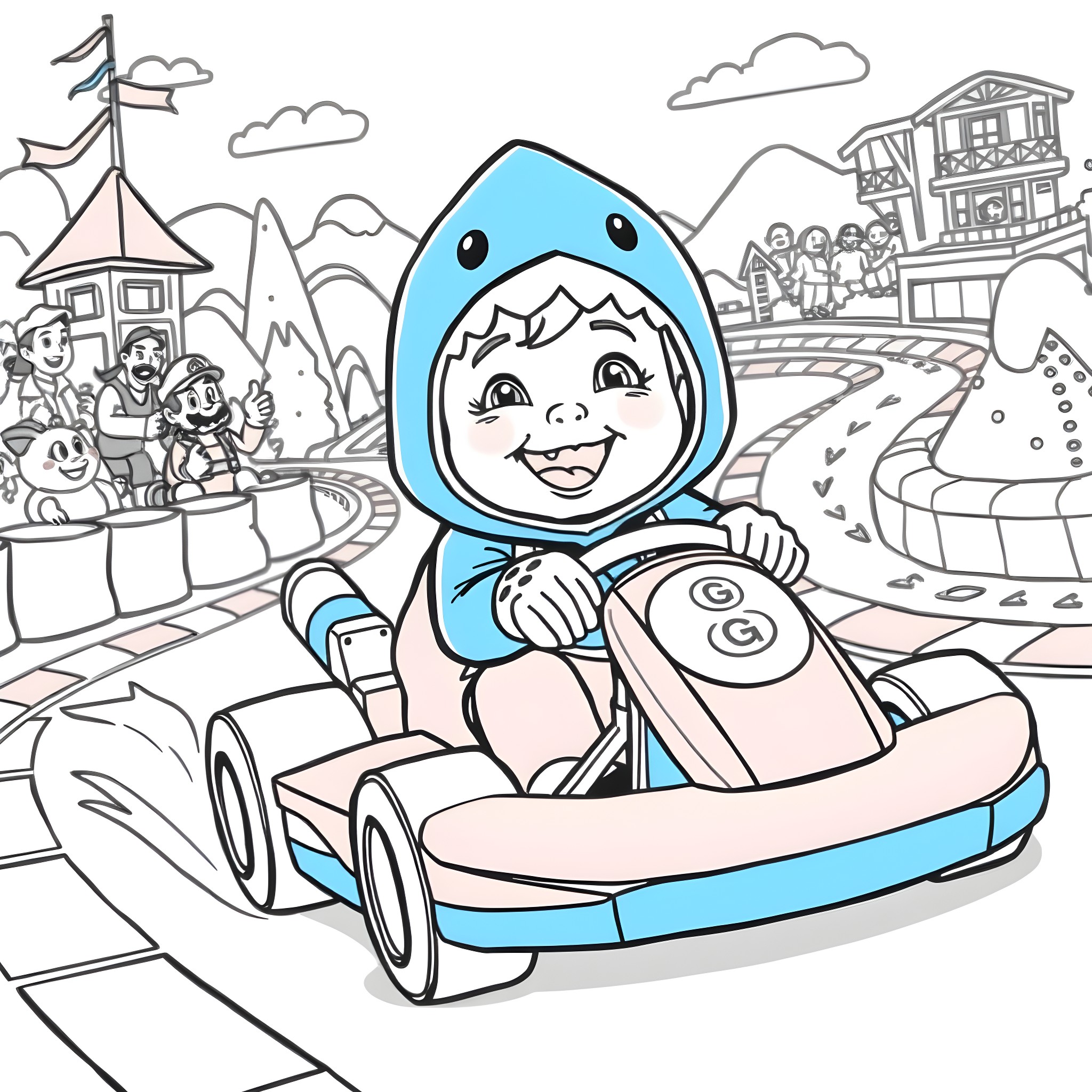 Baby Girl Enjoys Amusement Park Ride in Cartoon Style Coloring Page (free black-and-white line drawing printable PDF for all, from beginners to advanced learners, including children, teens, adults, and seniors)