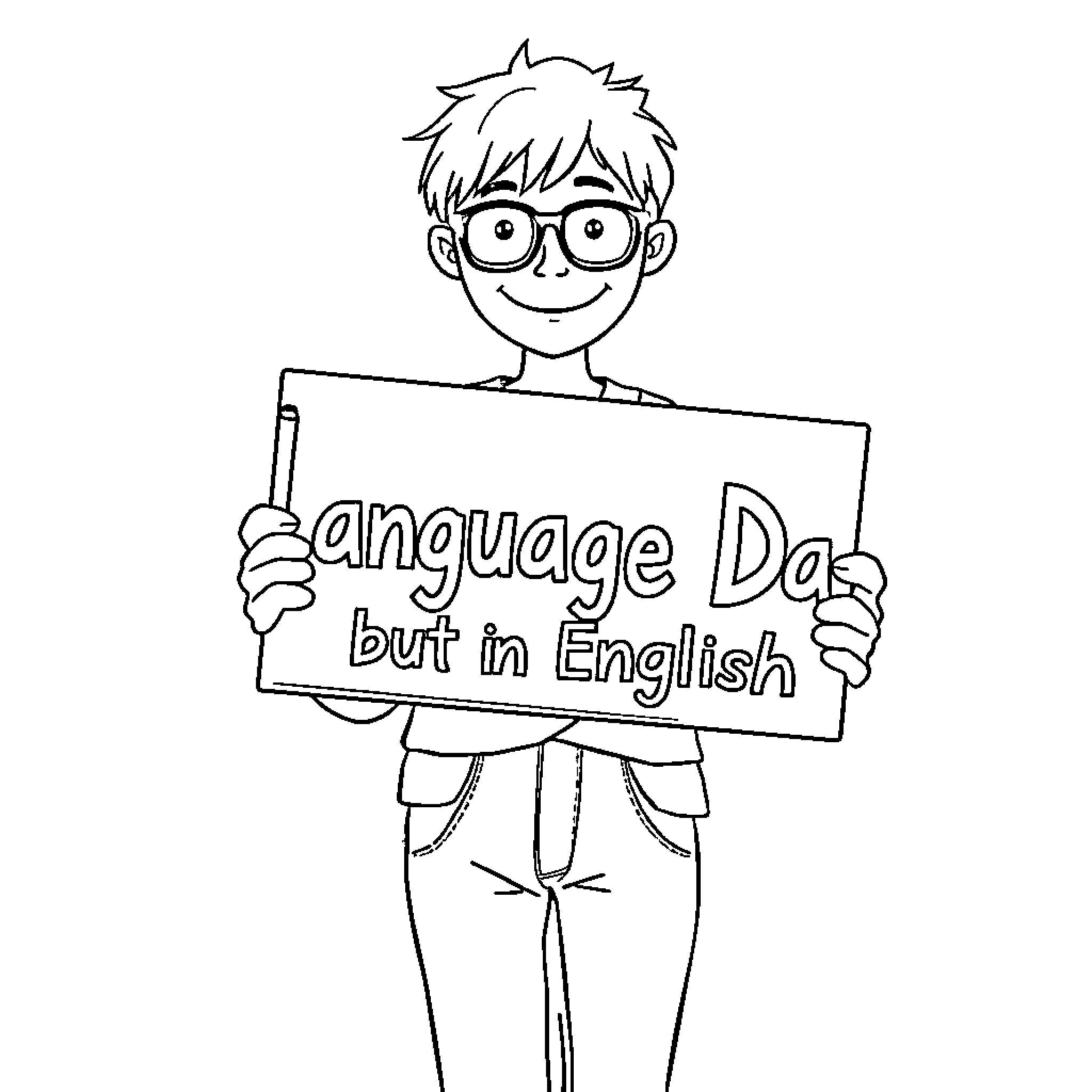 Person holding sign with text about language Coloring Page (free black-and-white line drawing printable PDF for all, from beginners to advanced learners, including children, teens, adults, and seniors)